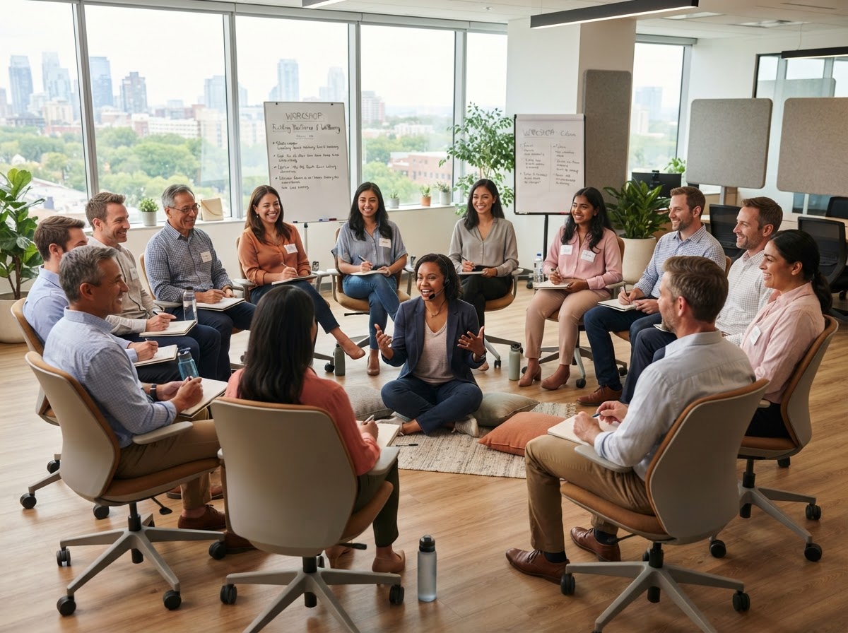 Diverse group in a guided workplace wellness and resilience workshop