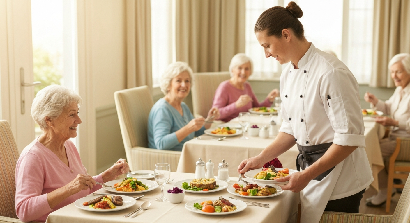 Chef serving healthy meals to senior residents in an assisted living dining room