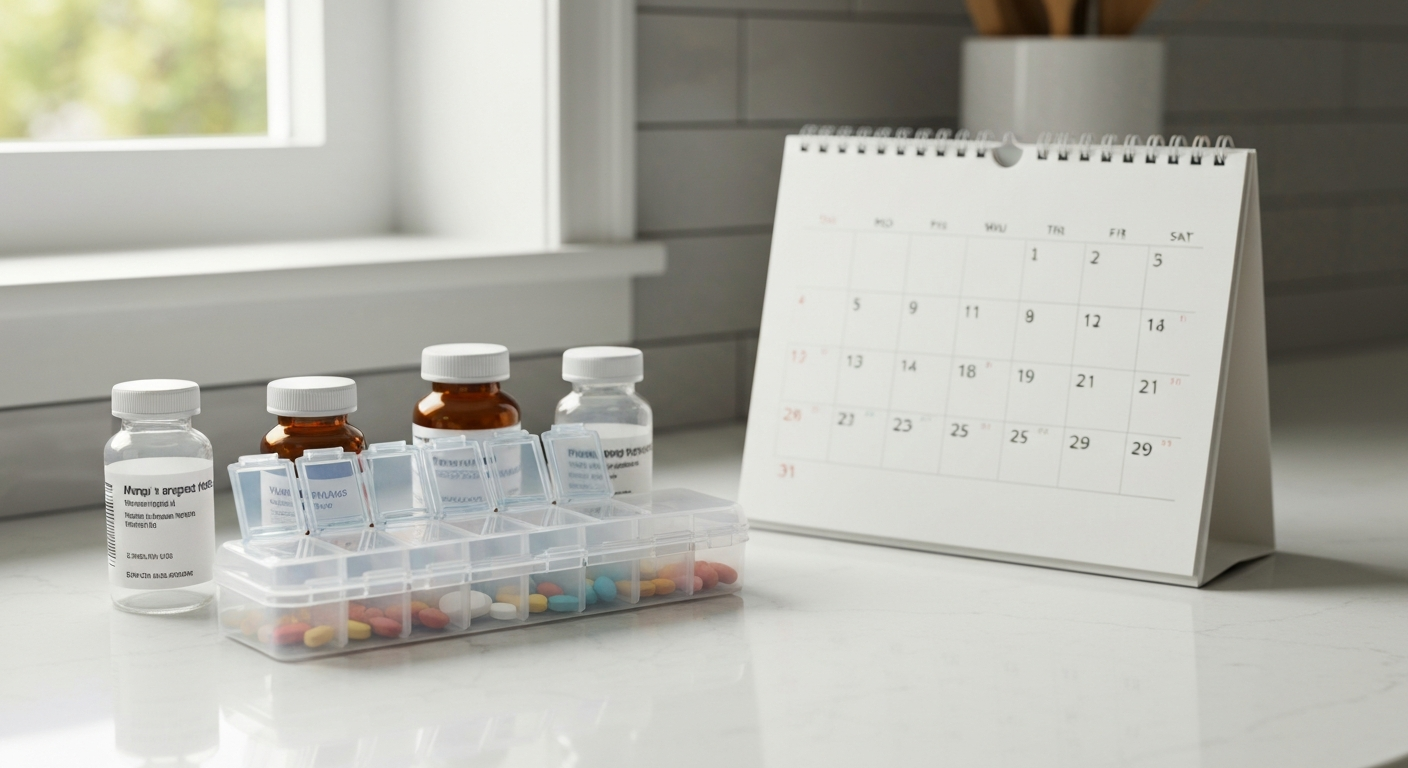 Weekly pill organizer beside a calendar representing medication management challenges