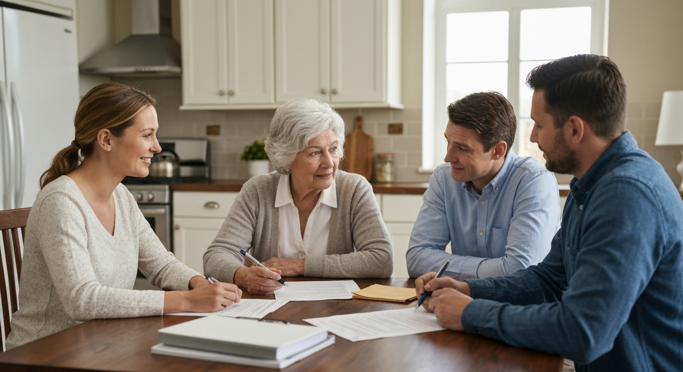 Family sitting around the kitchen table discussing senior care planning