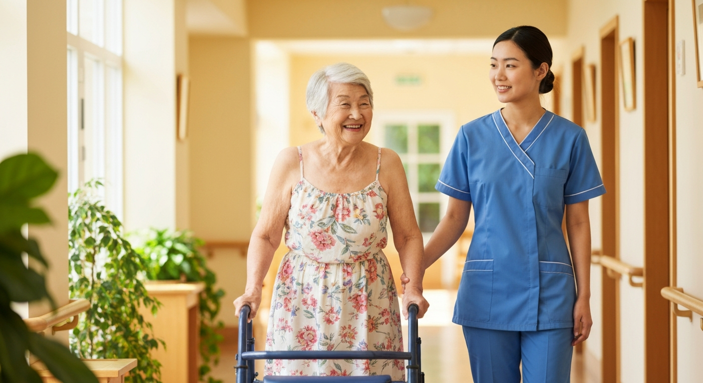 Senior using a walker while smiling with a caregiver nearby