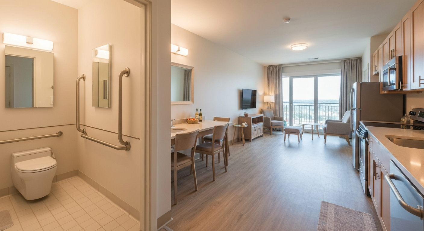 Bright welcoming assisted living apartment with accessible bathroom