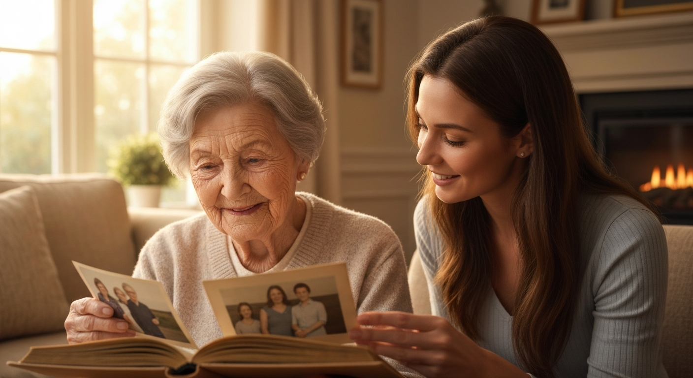 Senior mother looking through family photographs with her daughter