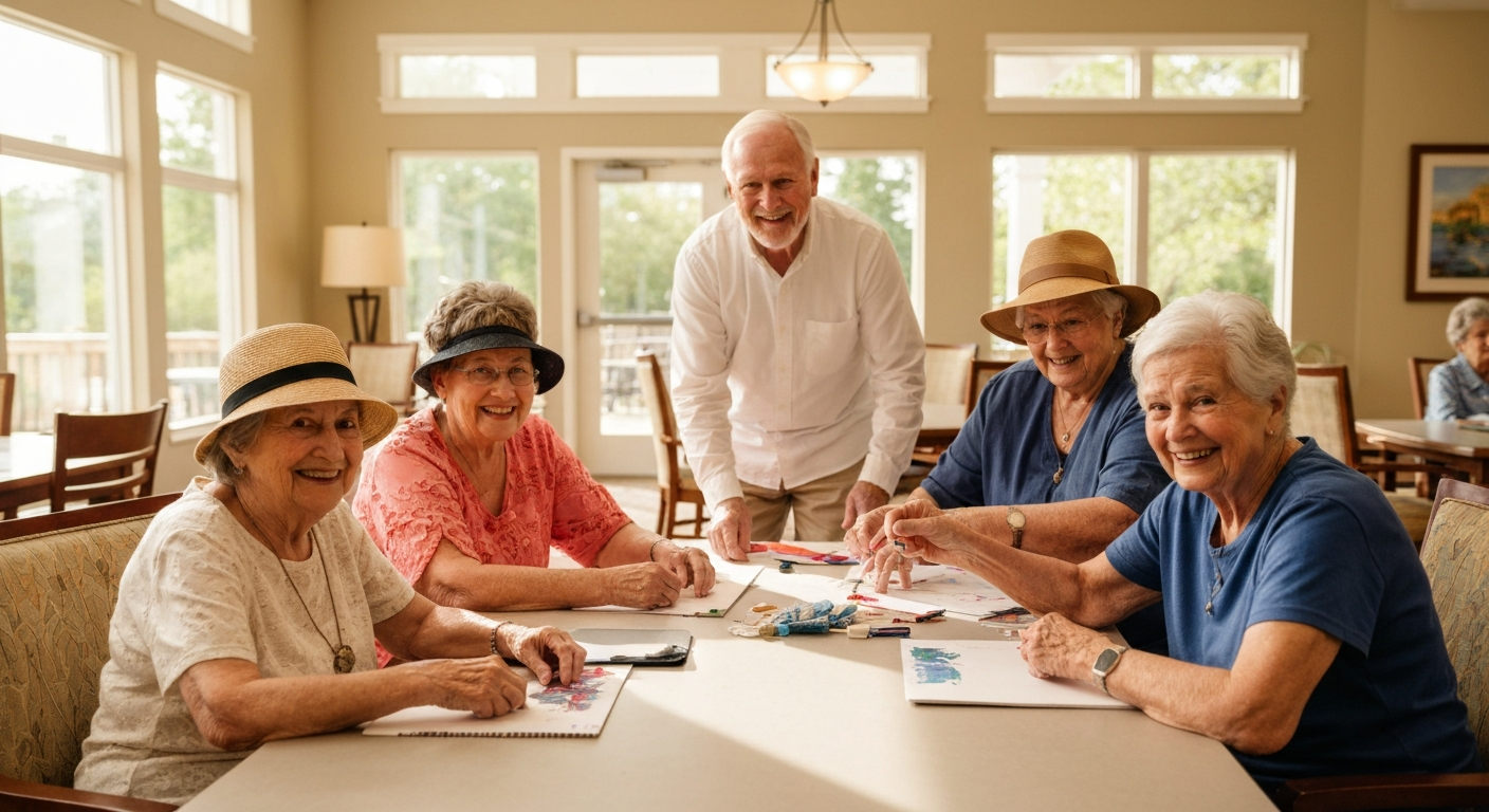 Residents participating in a cheerful group activity in assisted living