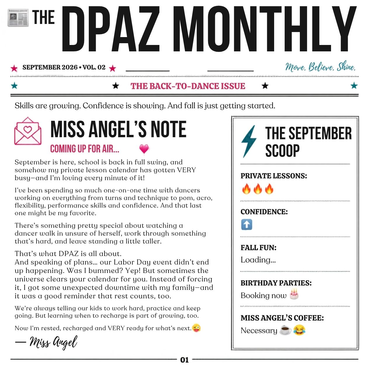 DPAZ Monthly Newsletter - September 2026 - Page 1 - The Back-To-Dance Issue & Miss Angel's Note