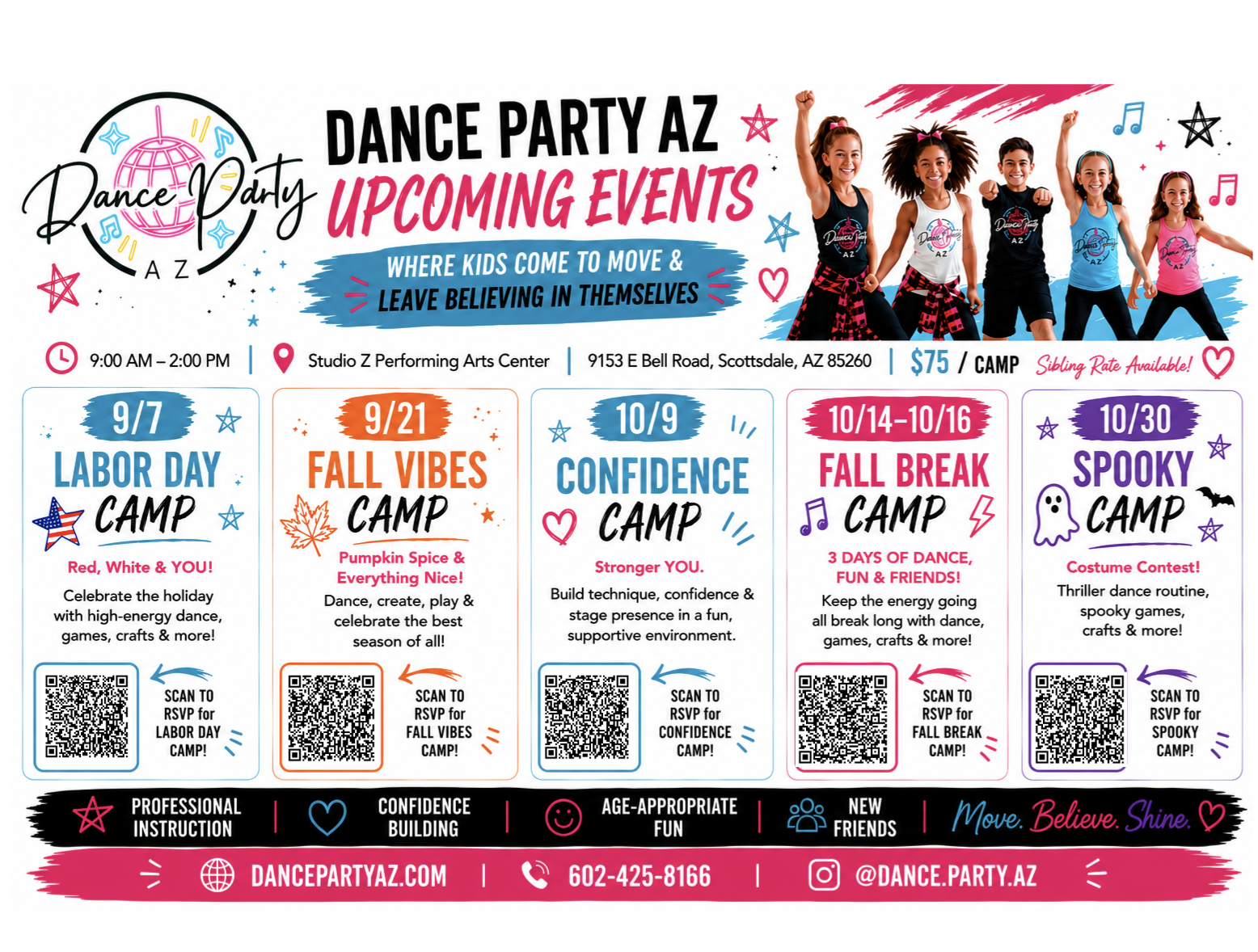 Dance Party AZ Upcoming Events Schedule - Labor Day, Fall Vibes, Confidence, Fall Break & Spooky Camps