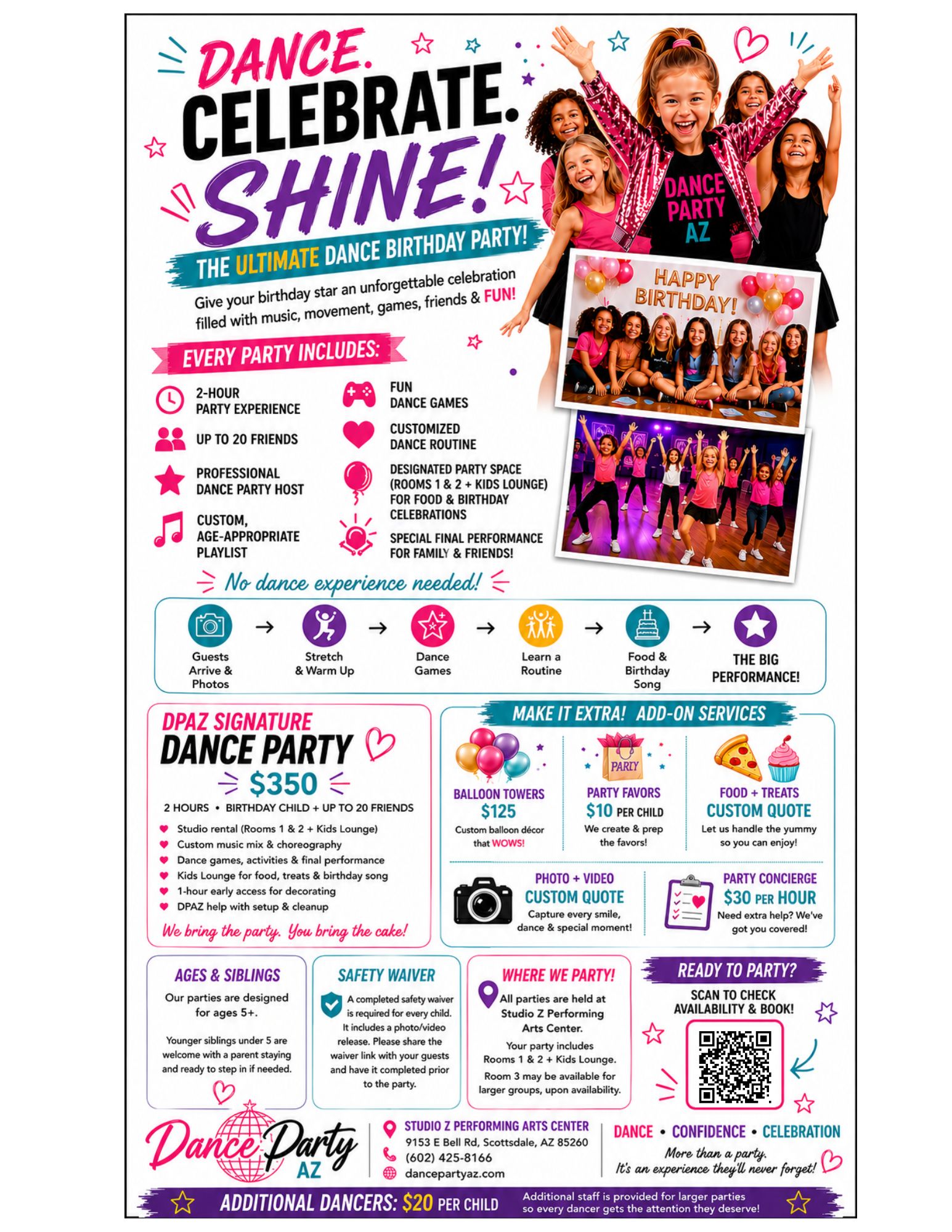 Dance. Celebrate. Shine! The Ultimate Dance Birthday Party Flyer - Dance Party AZ