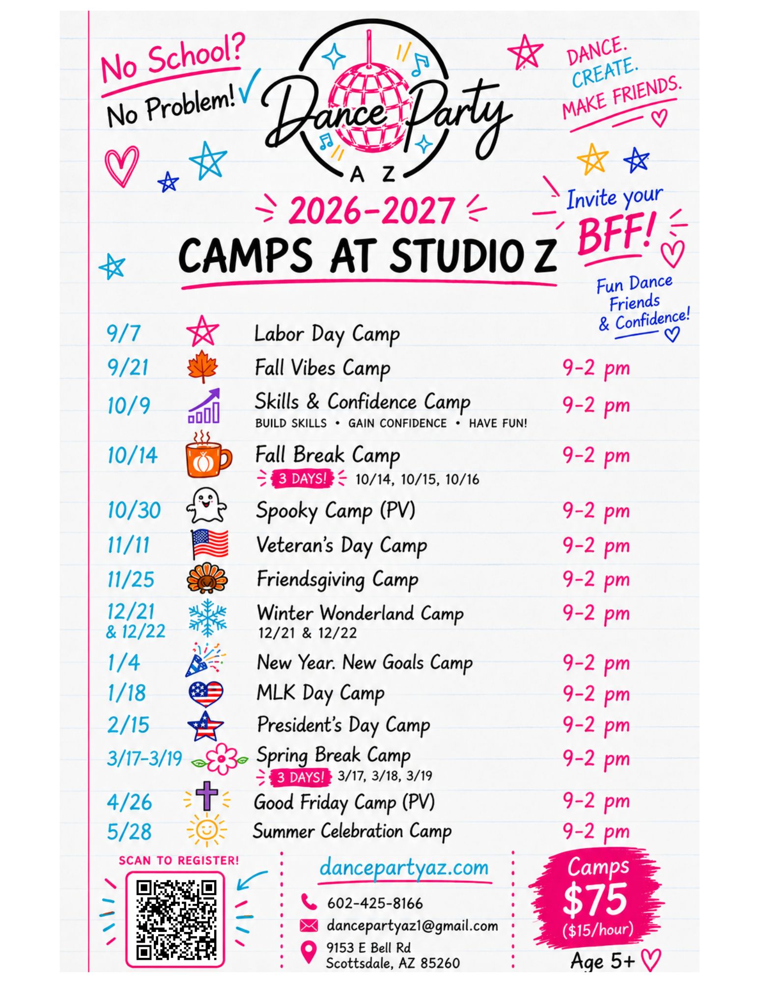 Dance Party AZ 2026-2027 Camps at Studio Z - Full Schedule