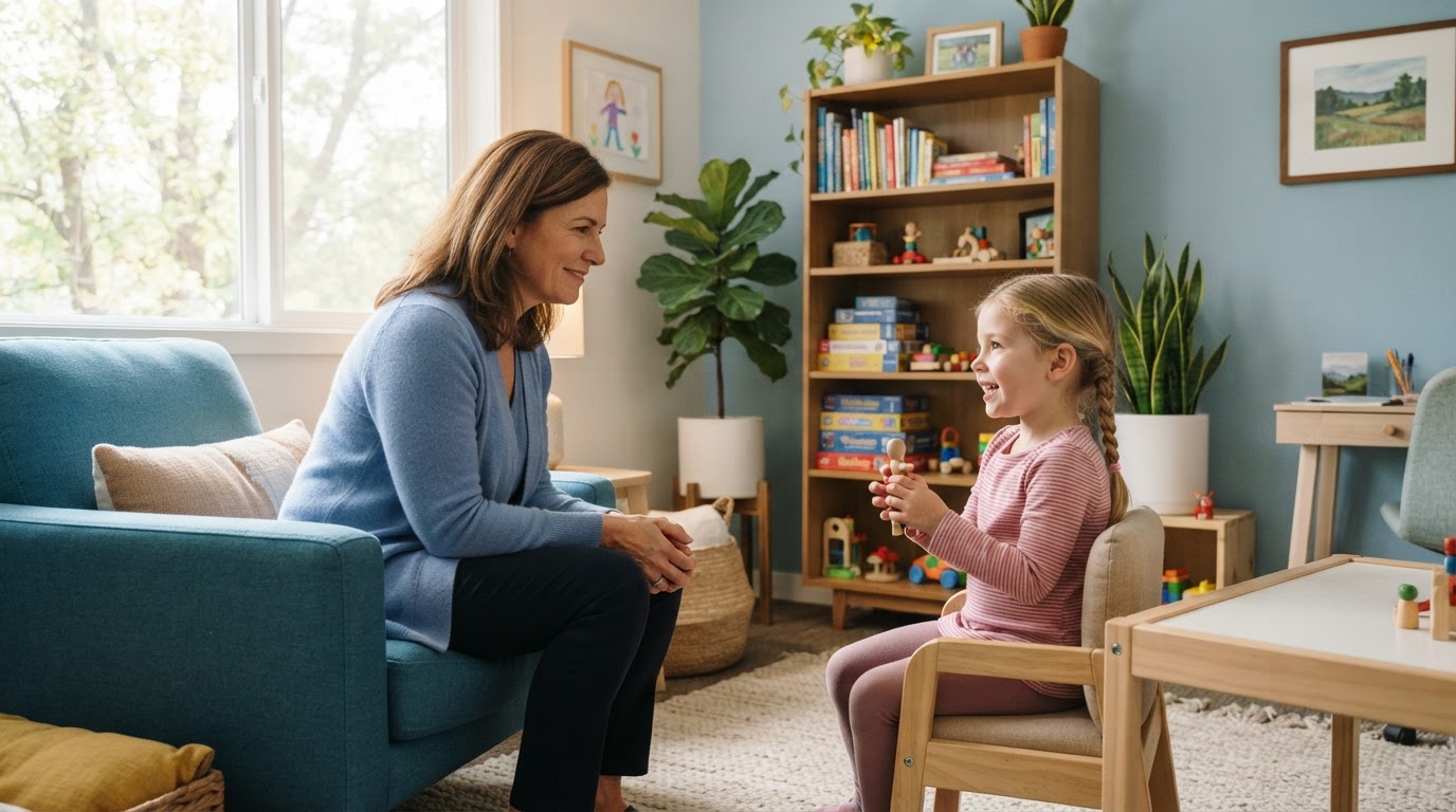 Therapist engaging with a child in a calming counseling office