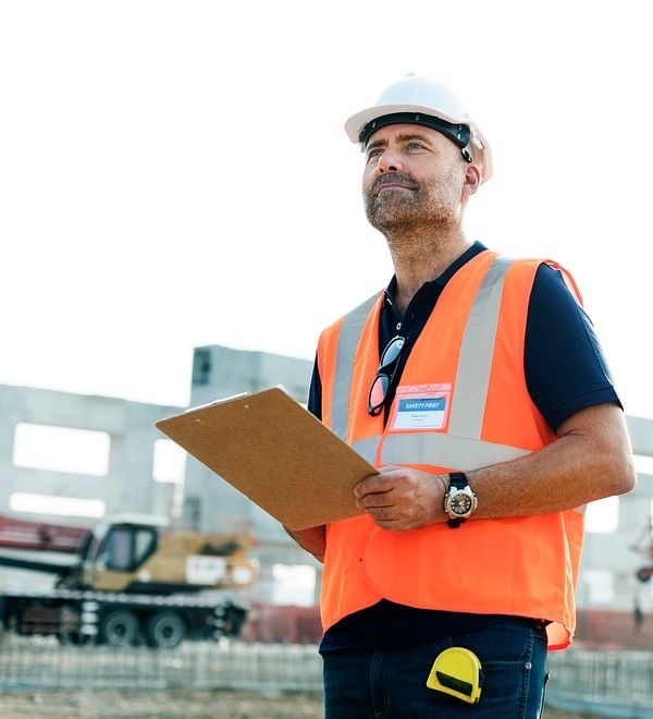 Building surveyor at construction site with clipboard