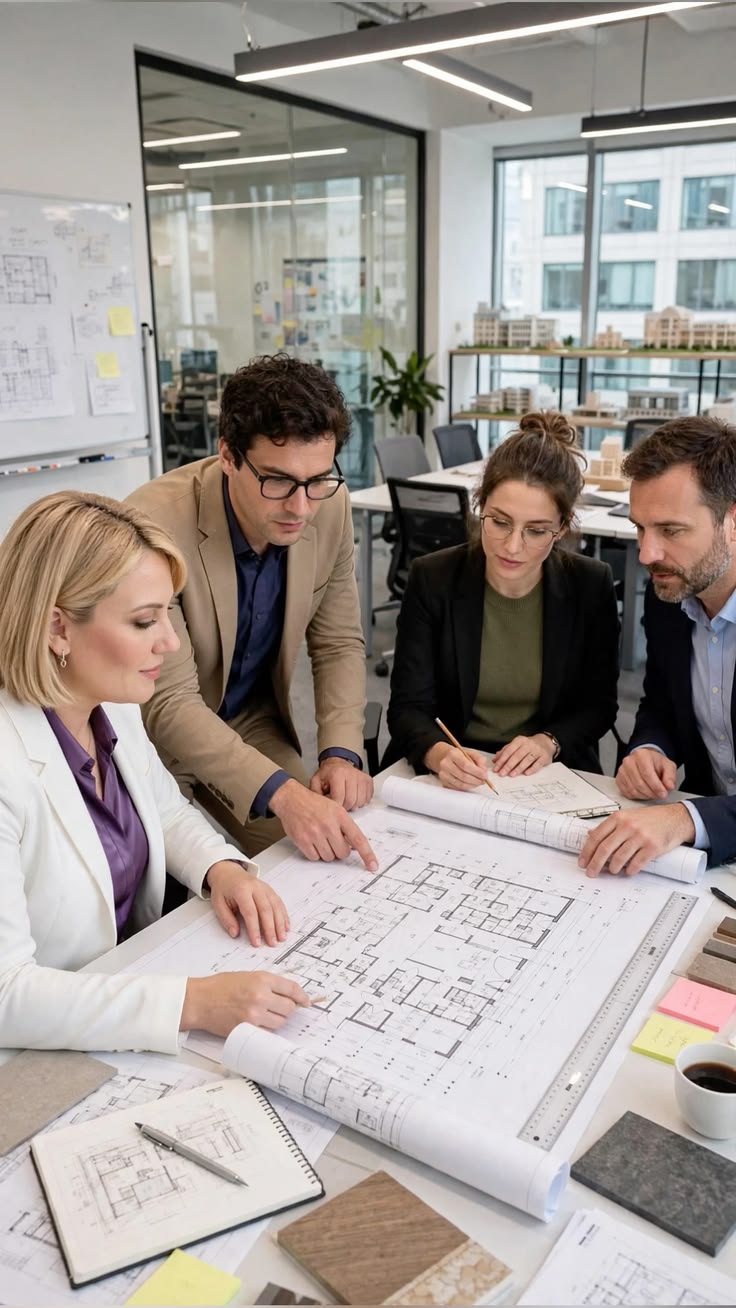 Team reviewing building plans and blueprints