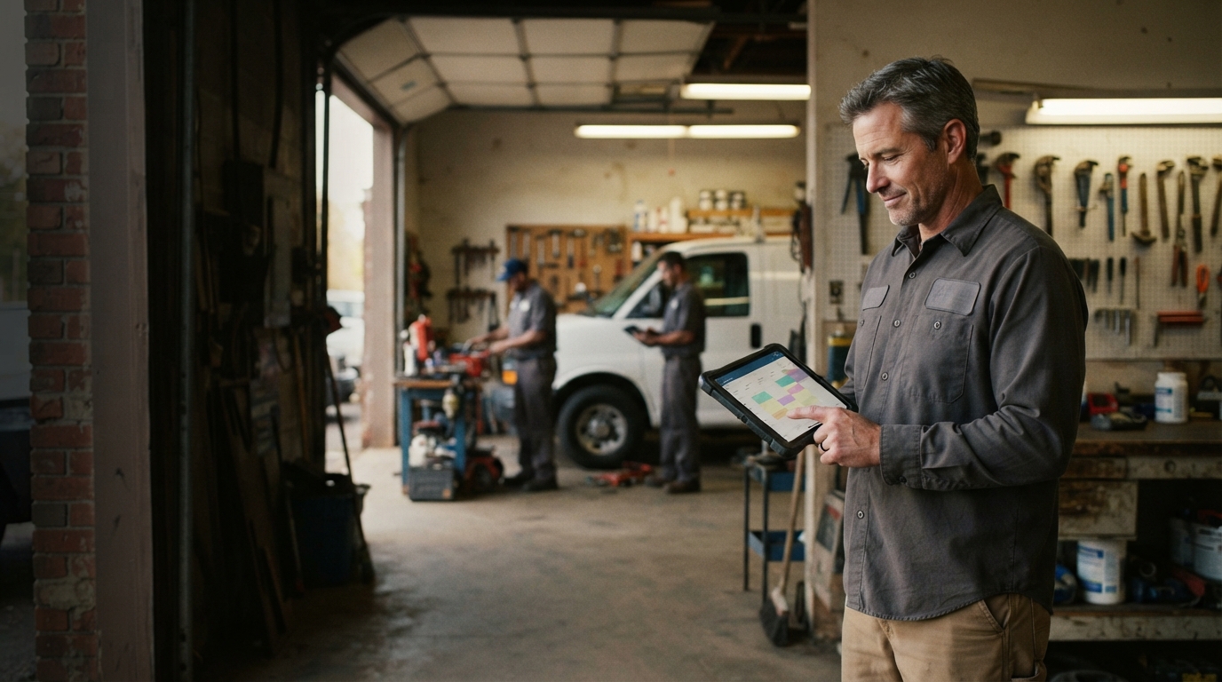 Home-service company owner calmly reviewing scheduled estimates on a tablet in a modest workshop while technicians prepare tools and vehicles in the background