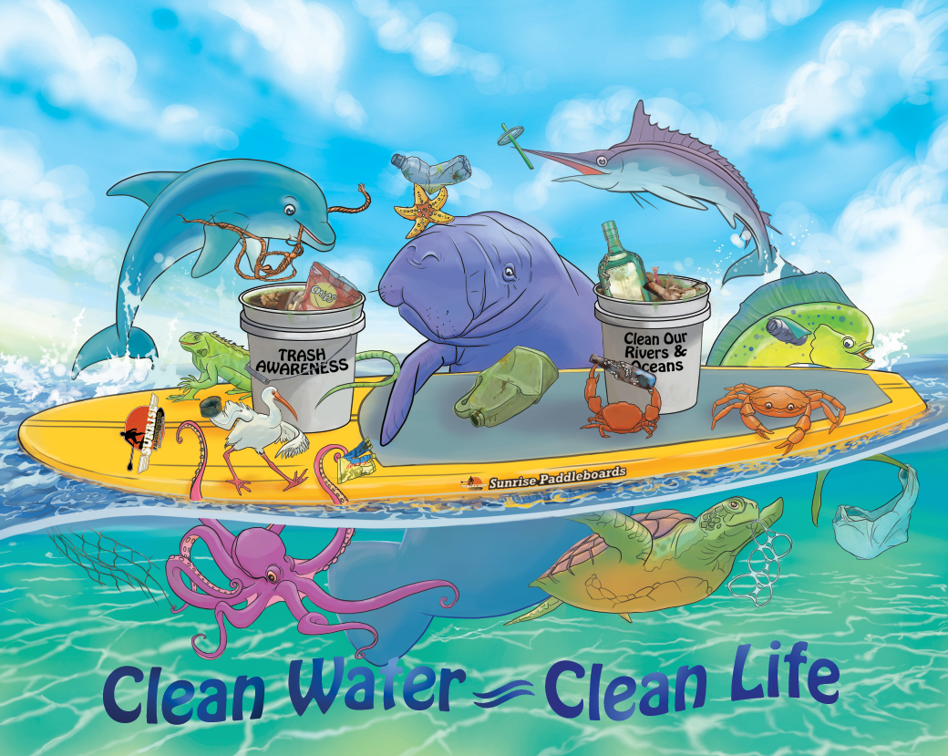 Clean Water Clean Life Illustration featuring marine life and paddleboarding