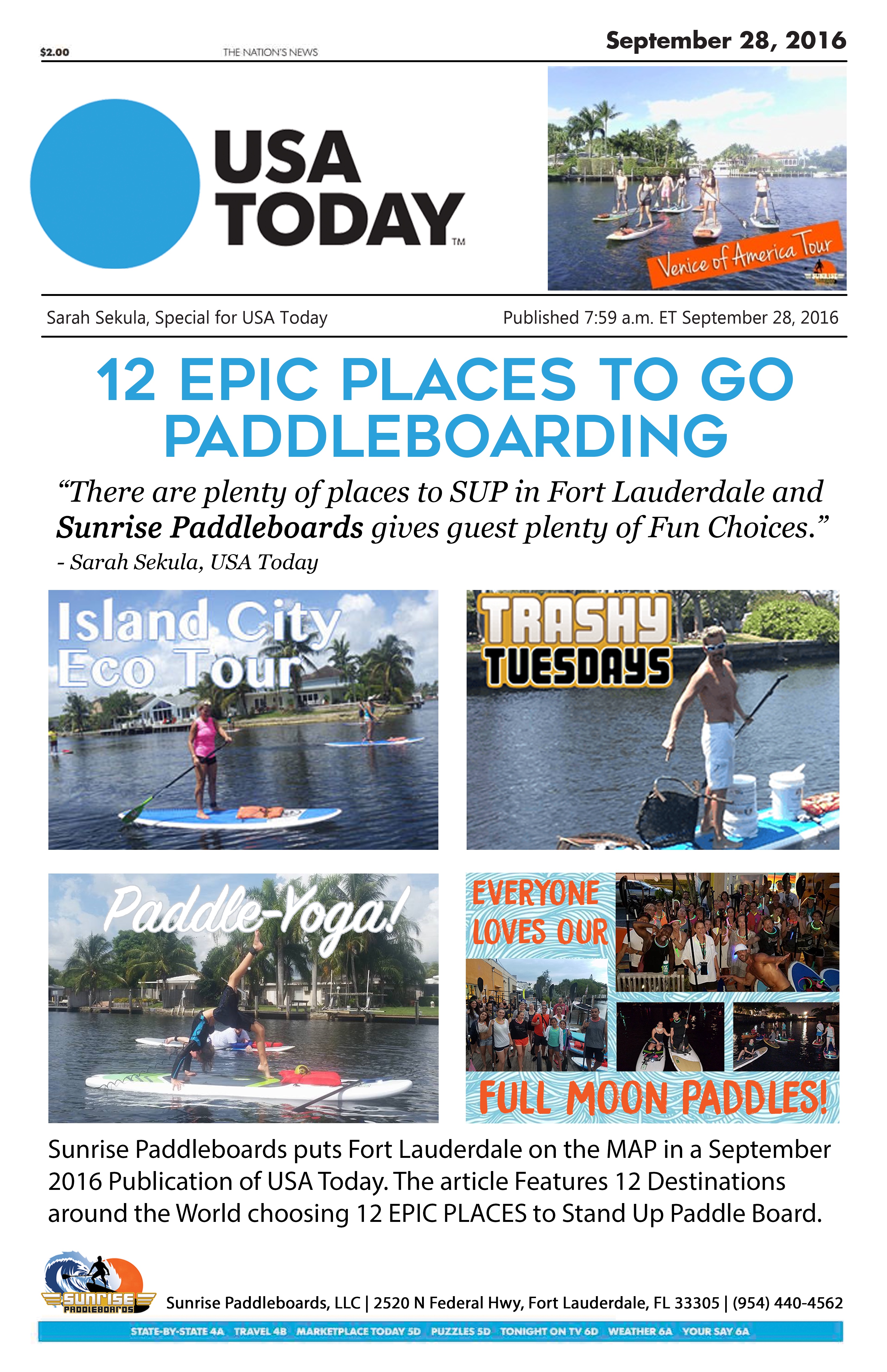 USA Today article featuring Sunrise Paddleboards as one of 12 epic places to go paddleboarding