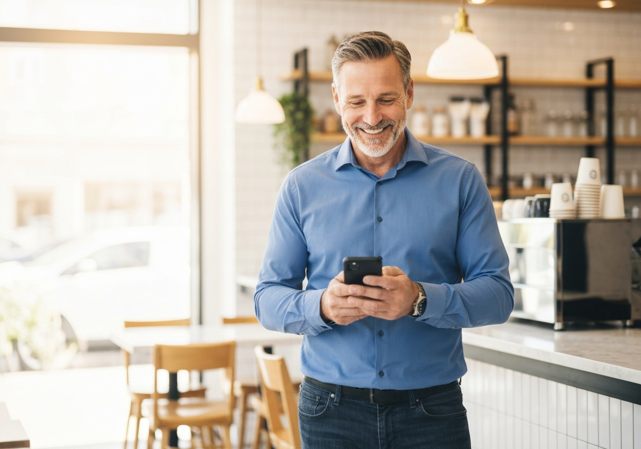Happy local business owner checking phone