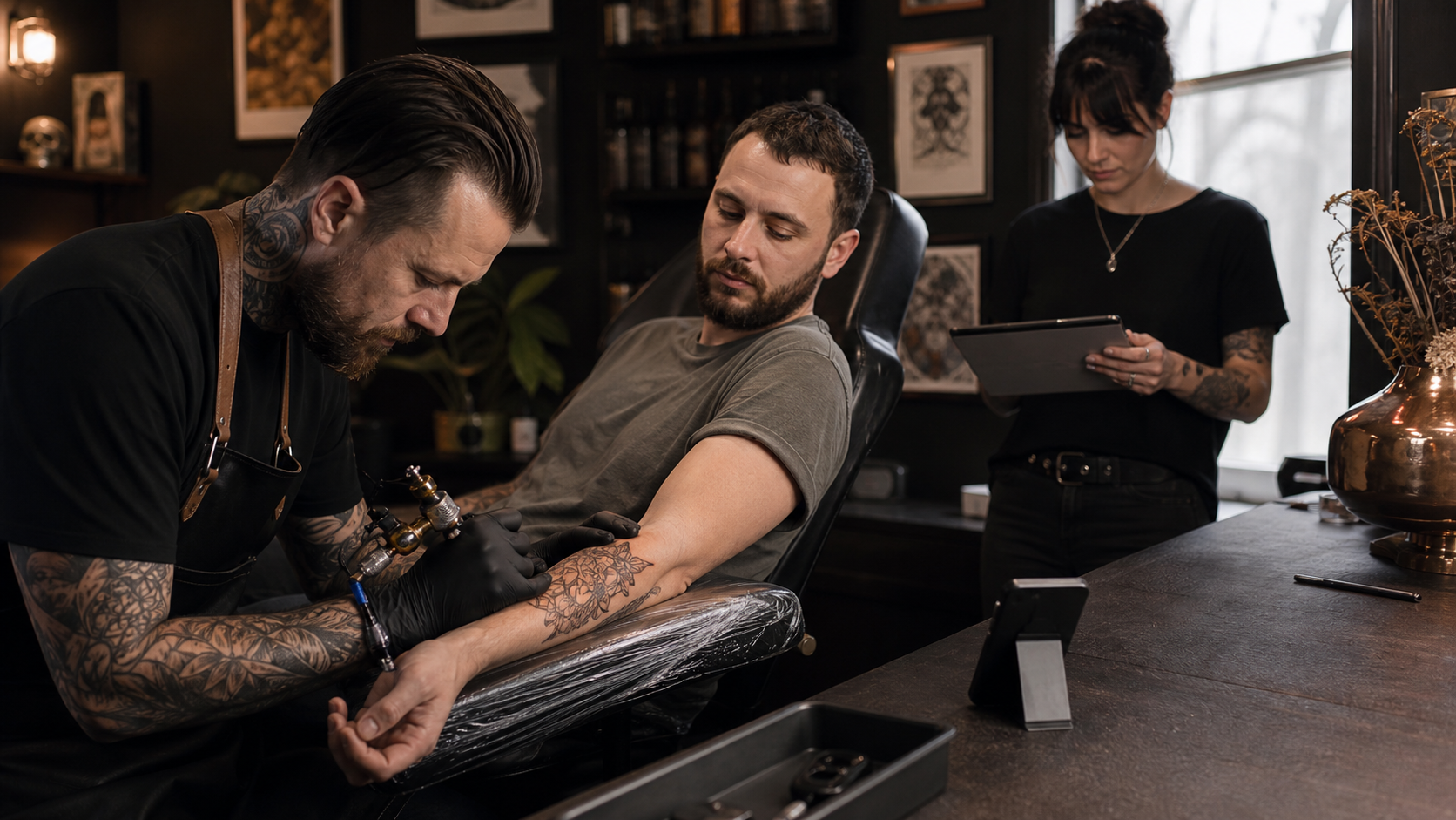 Tattoo artist focusing on their work while 360 AI handles the phones