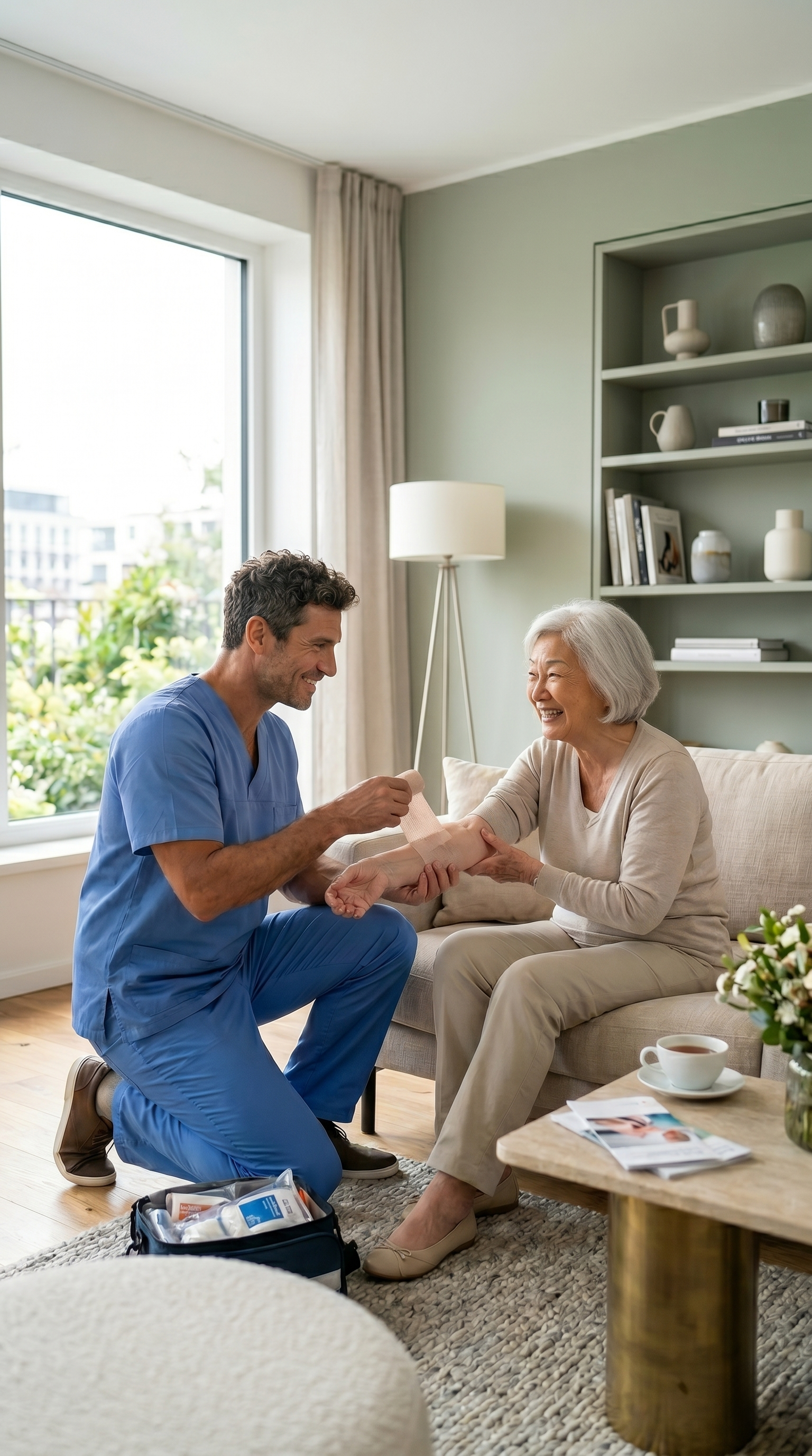 Male nurse treating elderly patient