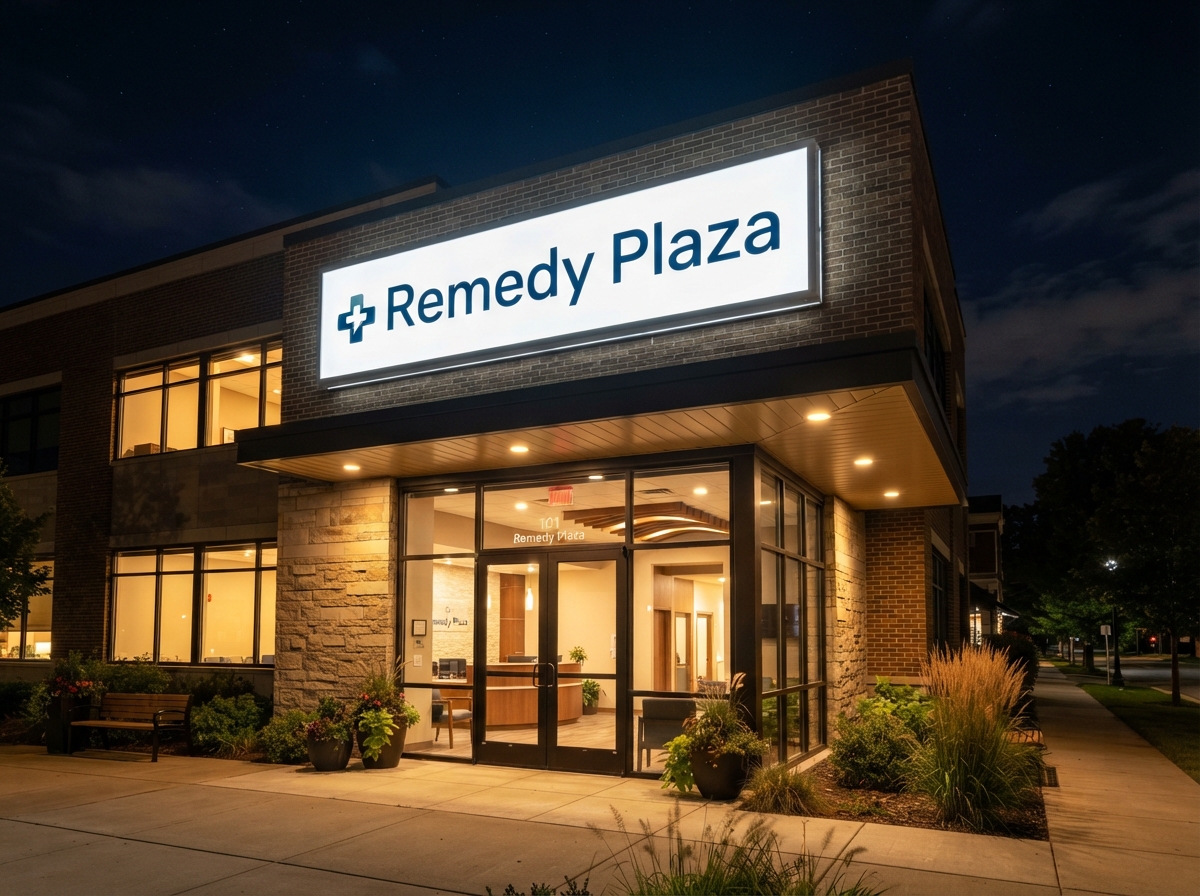 Illuminated Cabinet at Night — Remedy Plaza