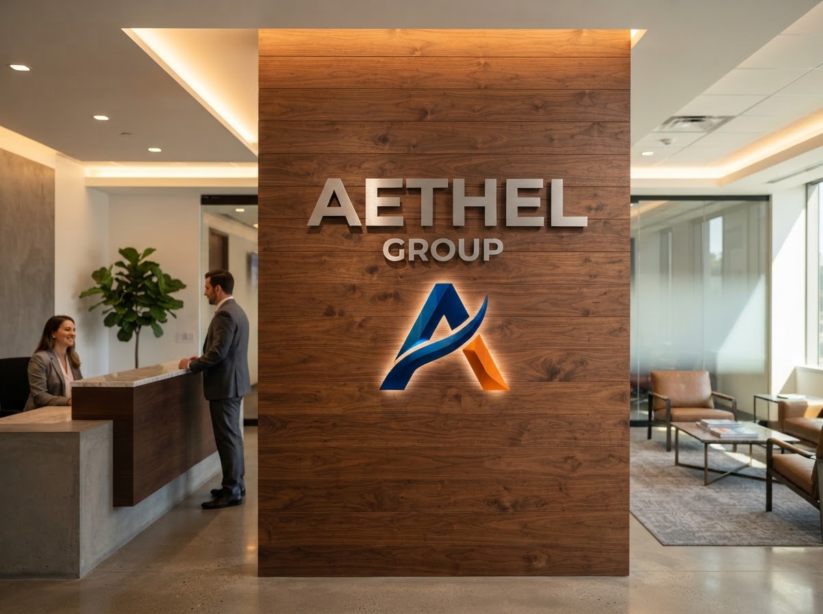 Brushed Metal Lobby Logo — Wood Accent Wall