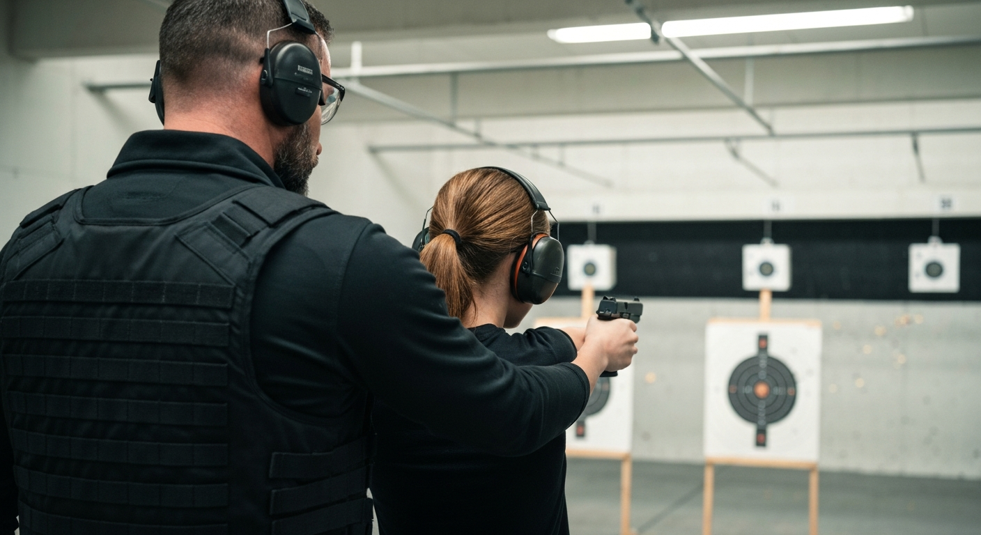 Professional firearms training session with safe handling