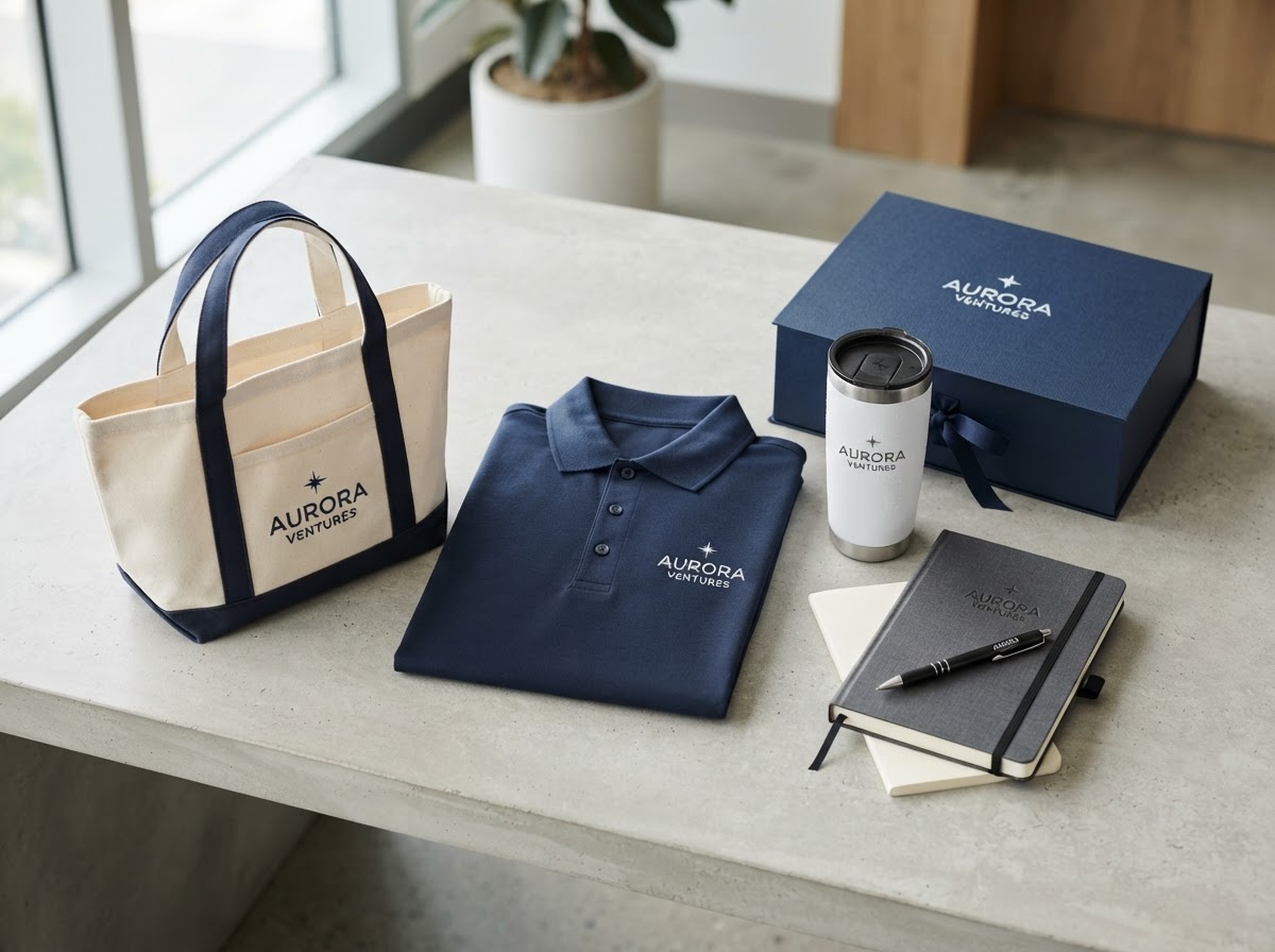 Coordinated branded business collection including apparel, notebook, tumbler, bag, pens and packaging