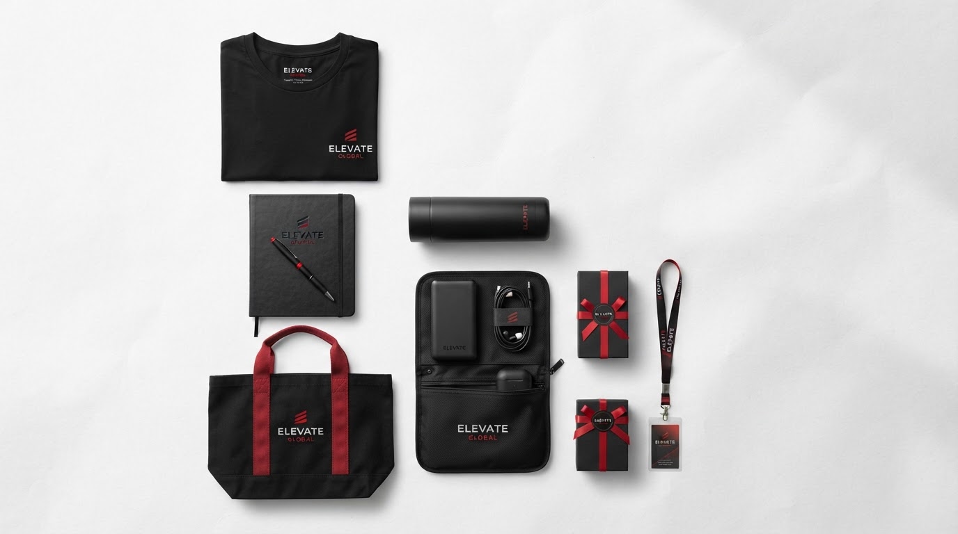 Premium branded promotional products including apparel, drinkware, notebooks, pens, bags and tech accessories