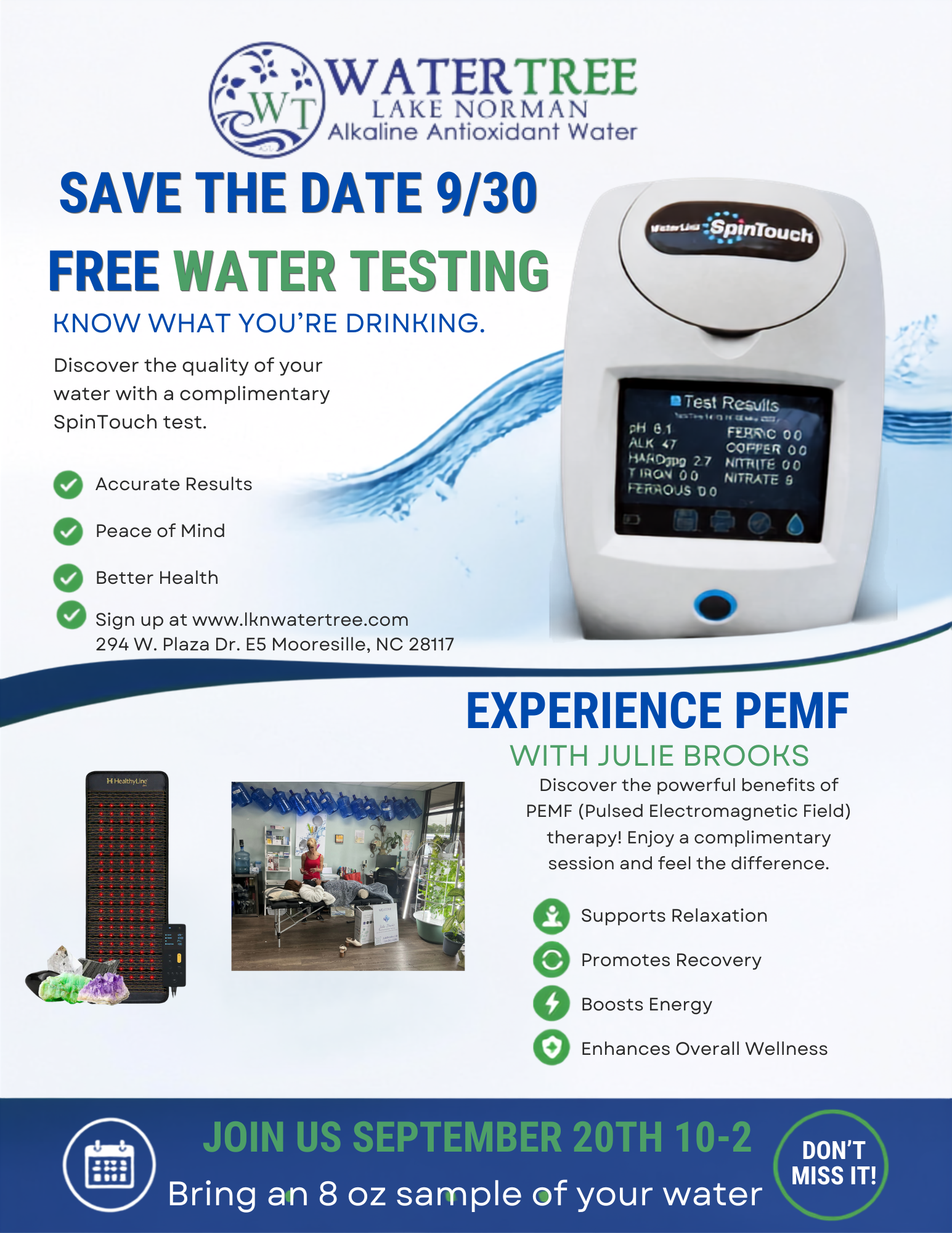 Official Event Flyer - Free Water Testing at Lake Norman WaterTree on Wednesday, September 30th