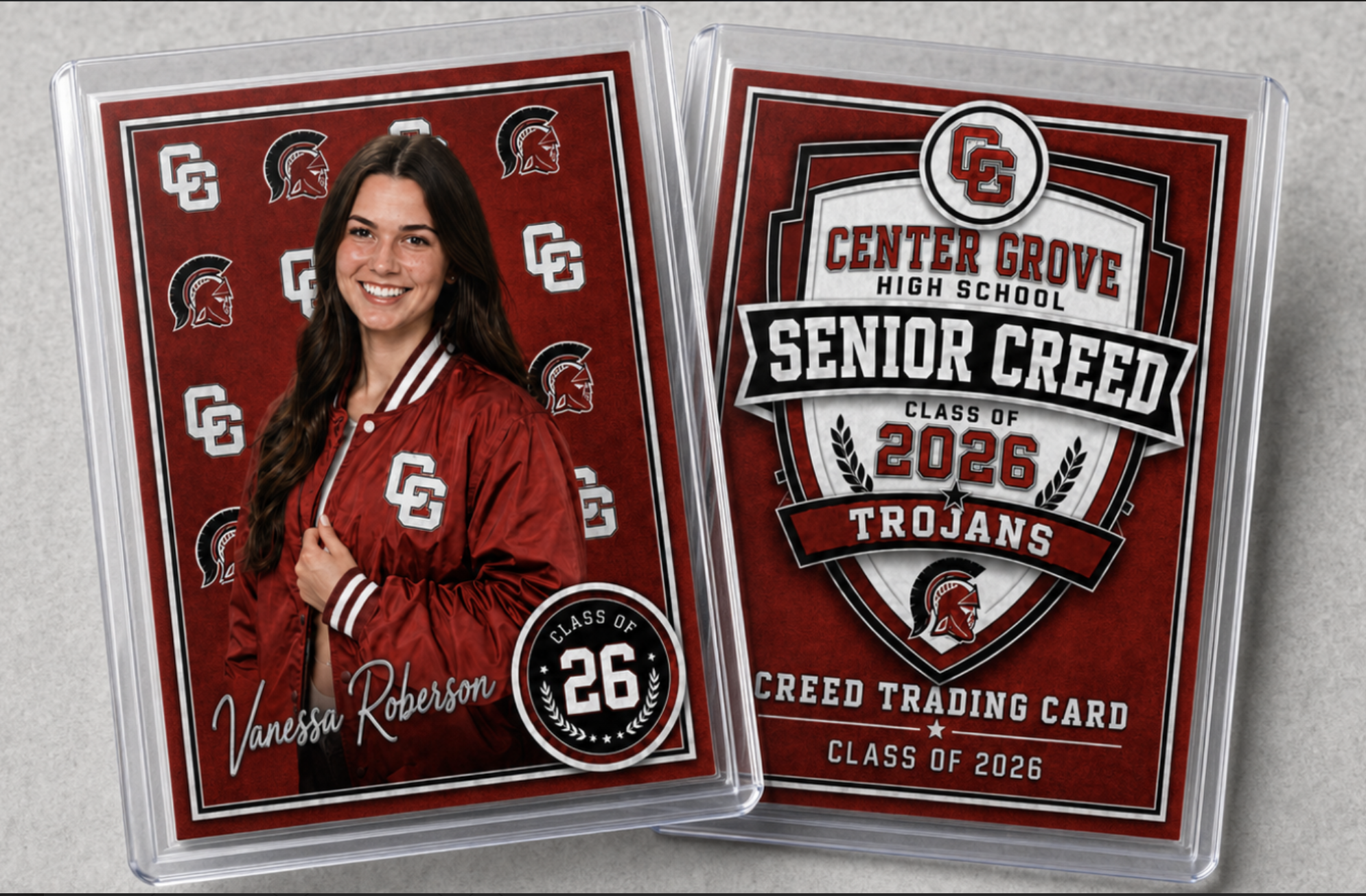 Custom varsity trading cards printed on-site from Photo-N-Go photo booth rental at graduation and sports celebrations