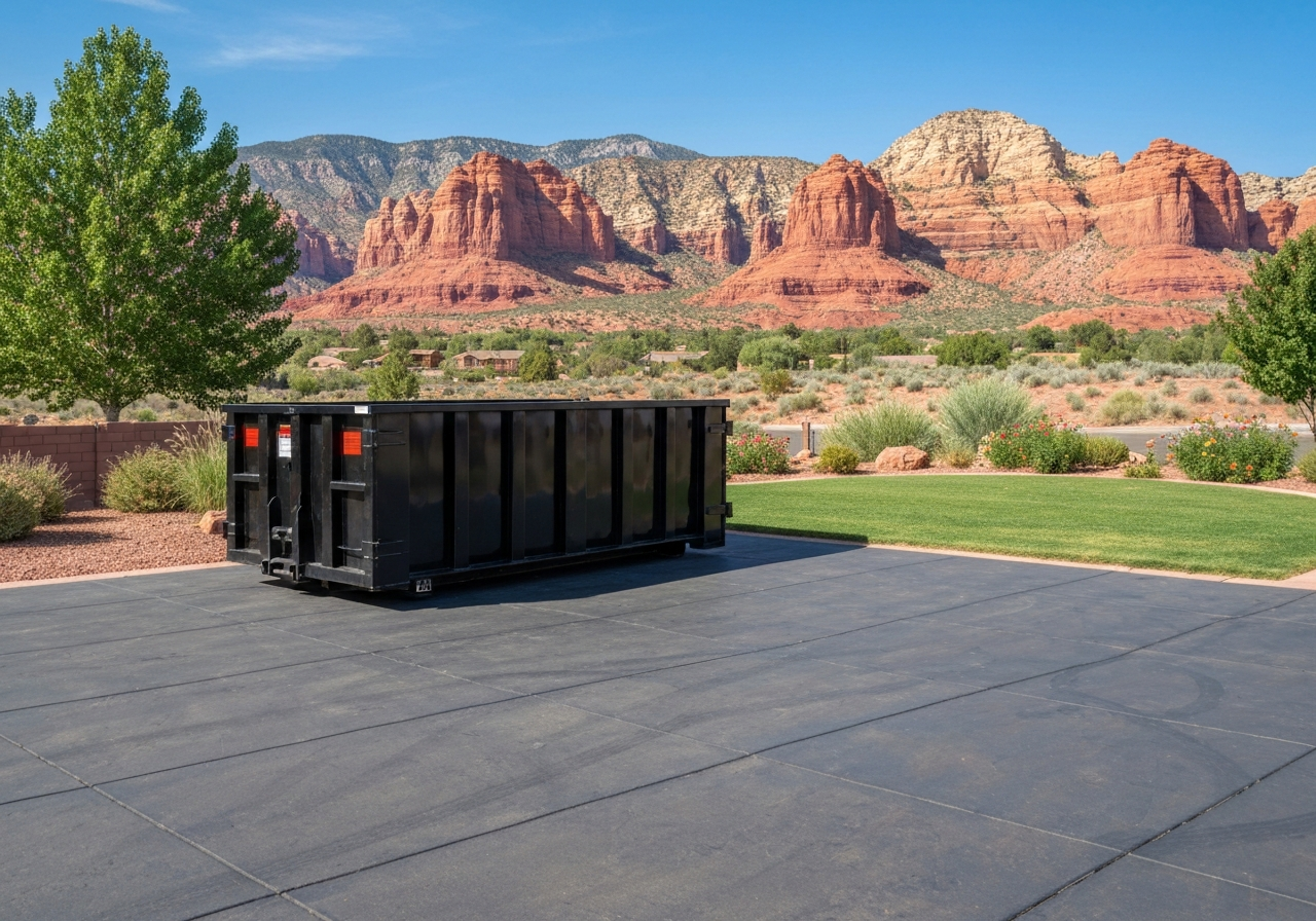 Clean 14-yard dumpster with red rock mountains in the background