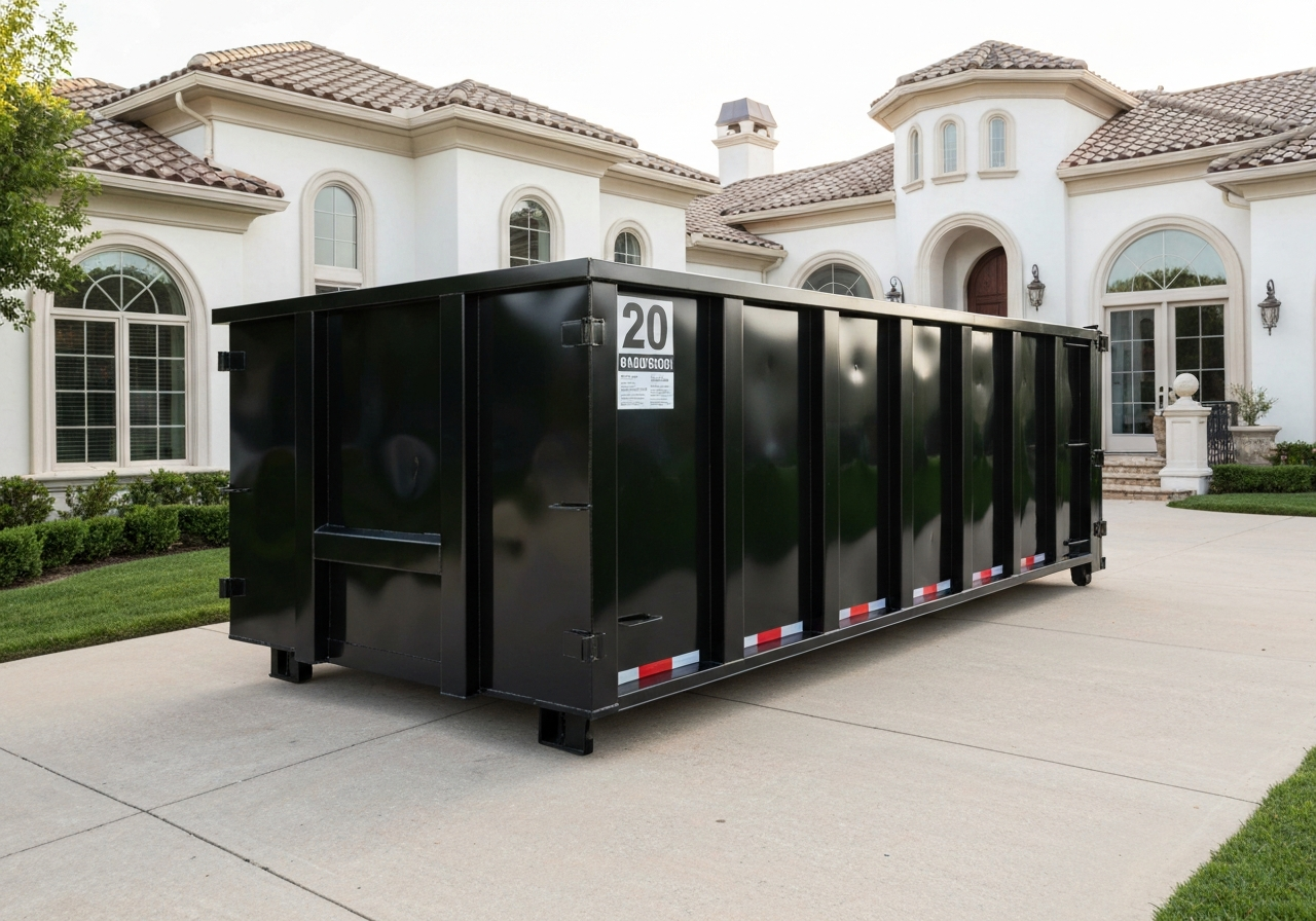 14-yard dumpster placed neatly on a residential driveway