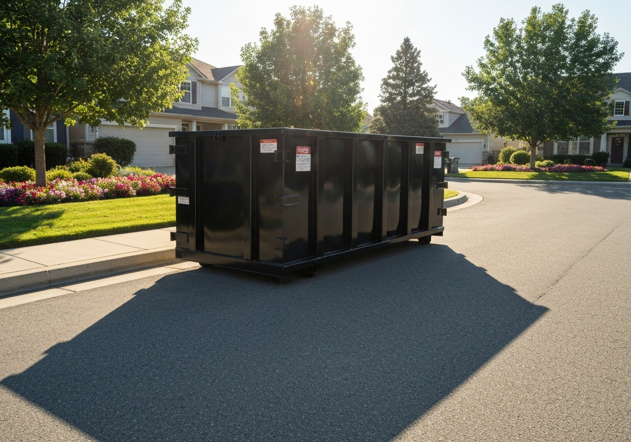 Black and tan 14-yard dumpster parked safely on a residential street