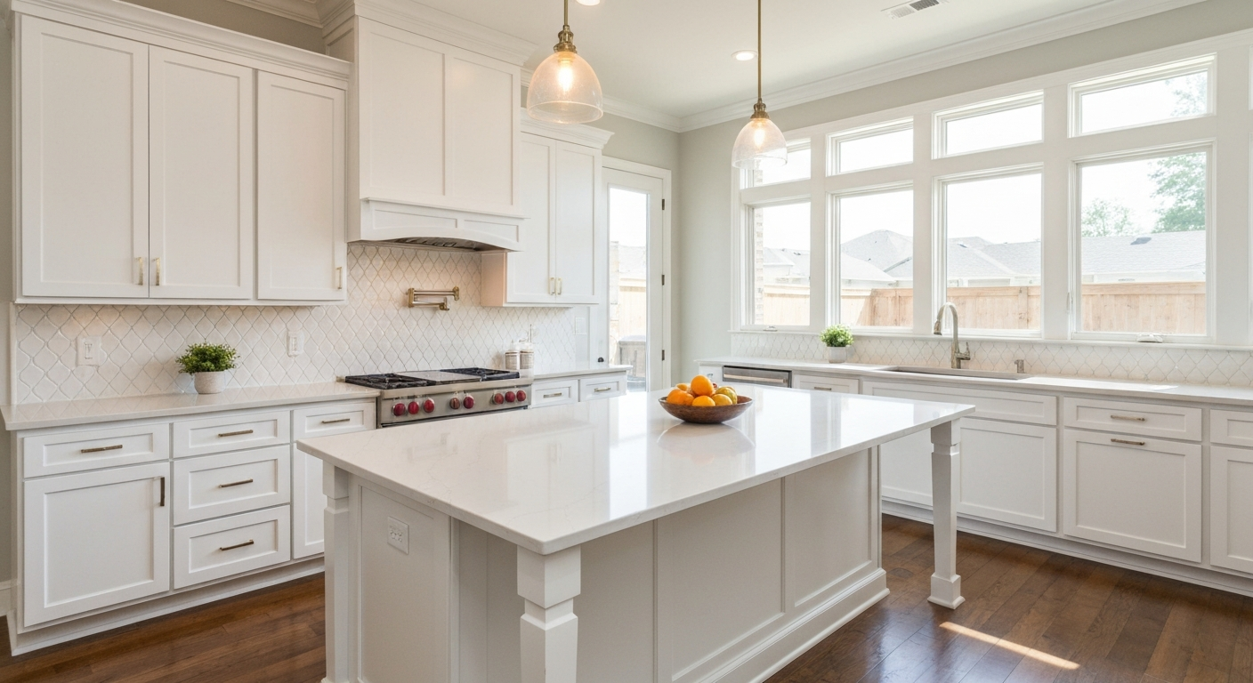 A beautiful modern kitchen remodel with white shaker cabinets, a large quartz island, and pendant lighting by a top company for kitchen remodeling in Laveen.