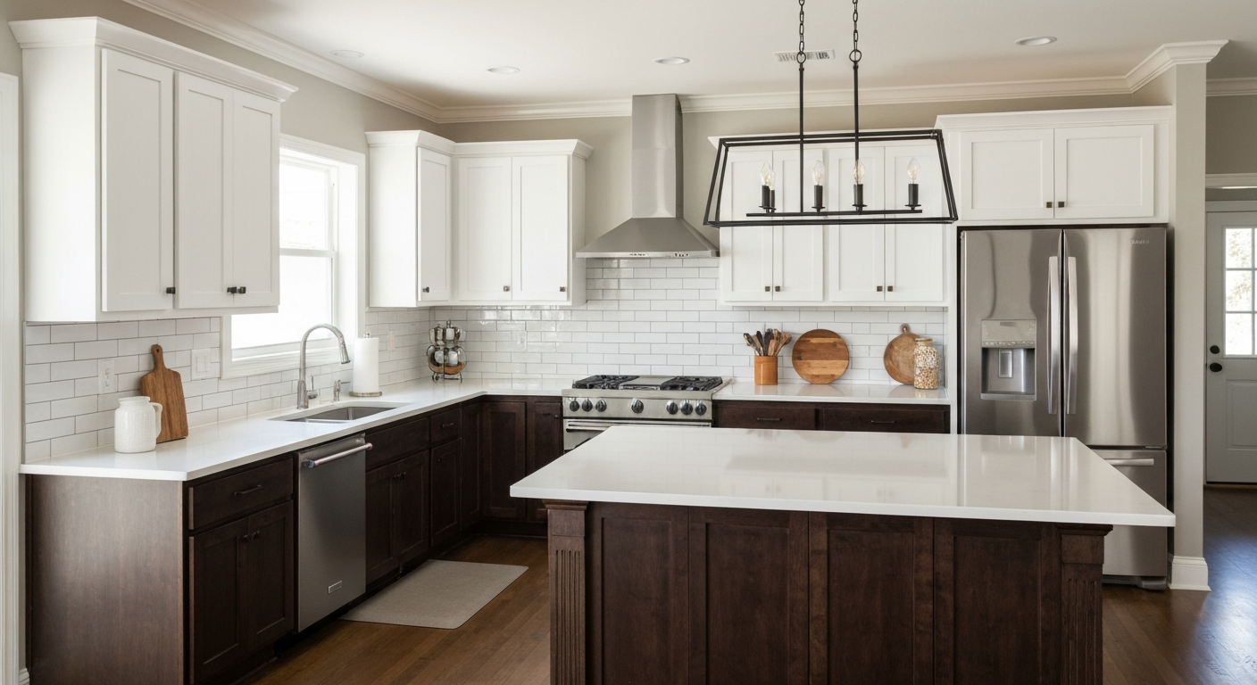 Contemporary kitchen renovation featuring dark wood lower cabinets, white upper cabinets, stainless steel appliances, and a subway tile backsplash.