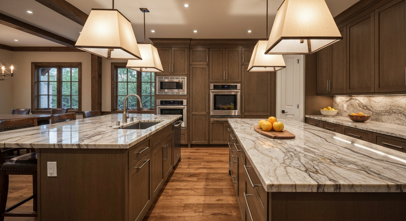 Elegant luxury kitchen design with custom lighting, natural stone countertops, and warm hardwood floors.