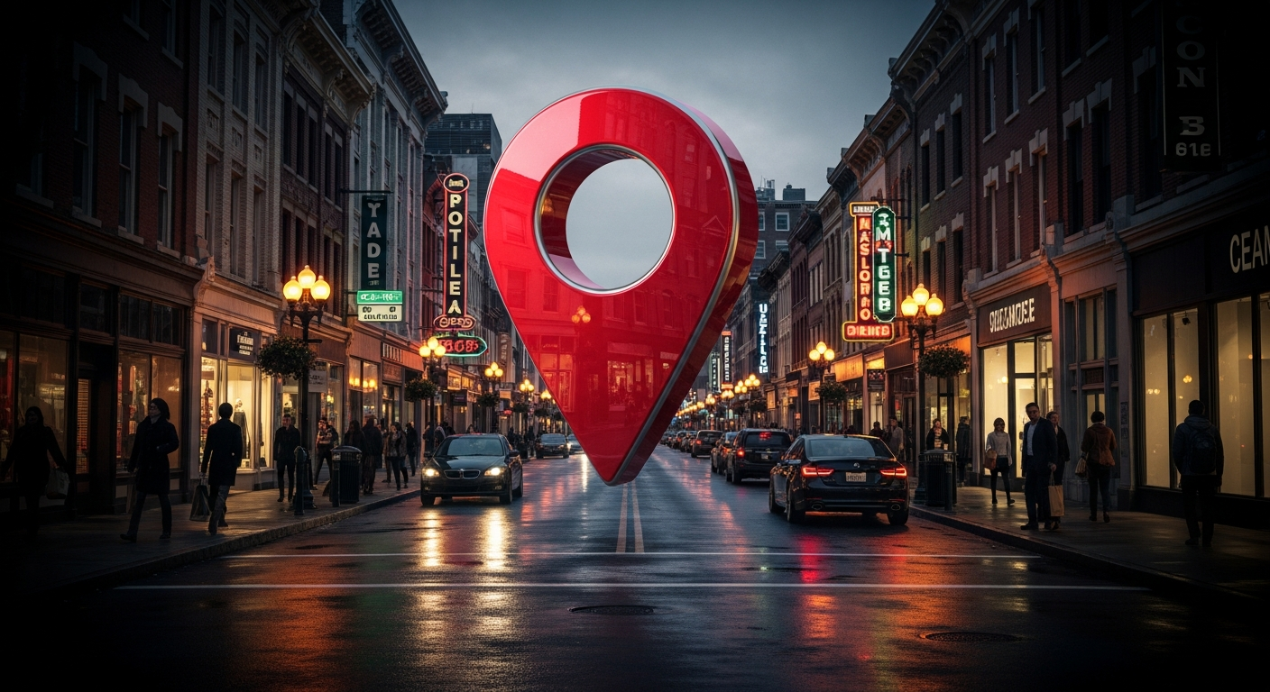 Local main street with map pin