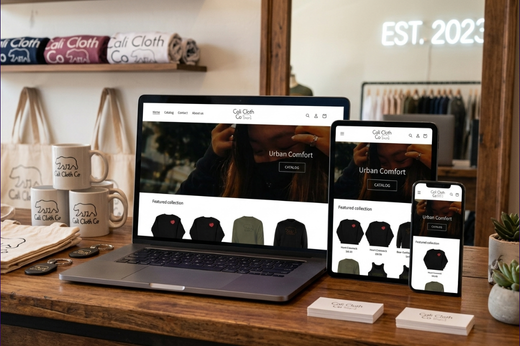 CaliClothCo website mockup on MacBook