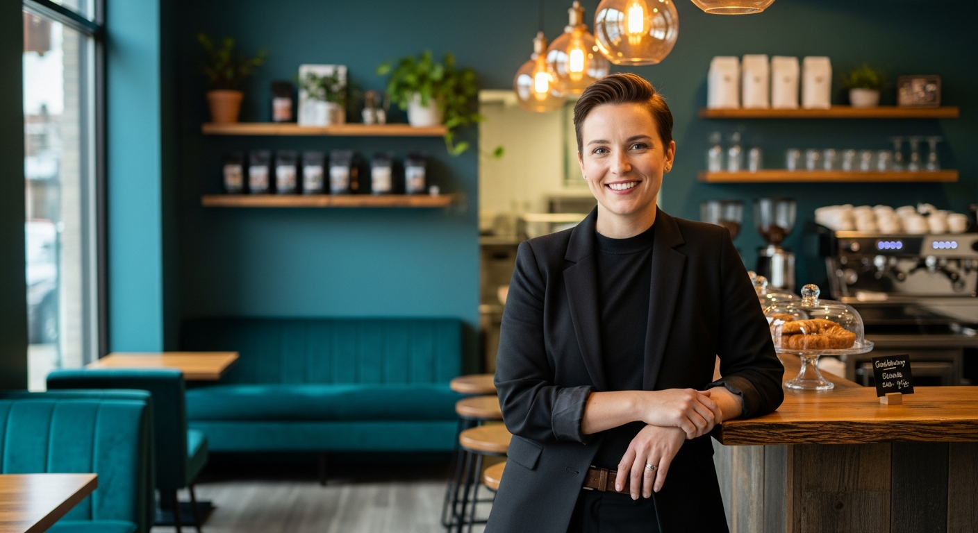 Small business owner confident in their cafe