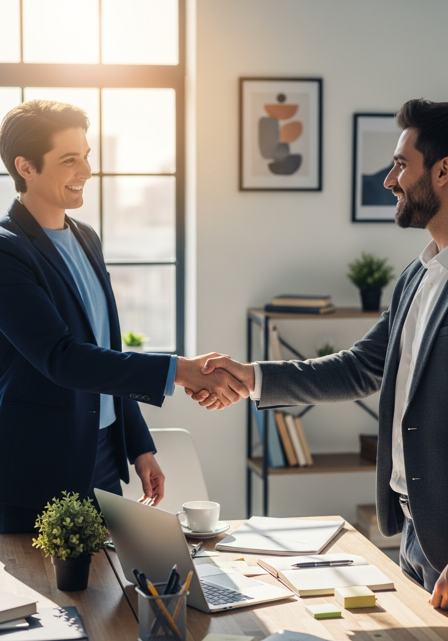 Two confident small business owners shaking hands in a modern workspace