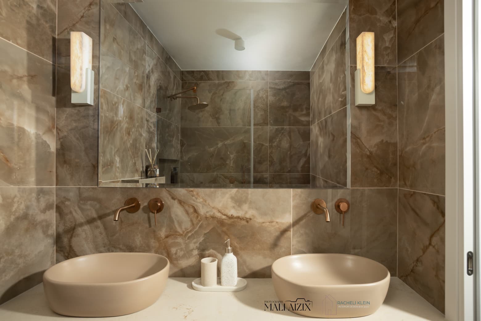 Custom bathroom design in Israel with double sinks by Racheli Klein