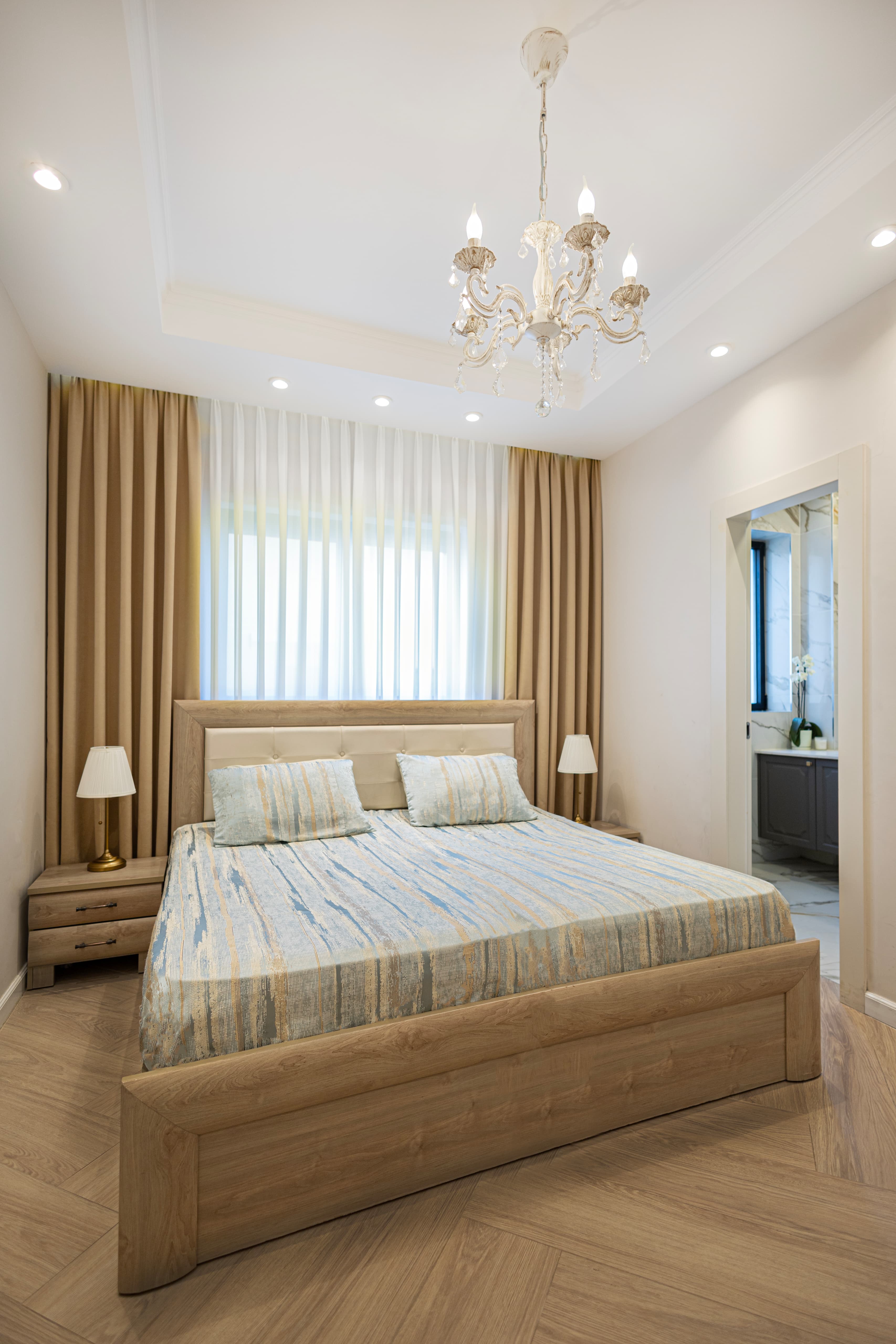 Bedroom with chandelier