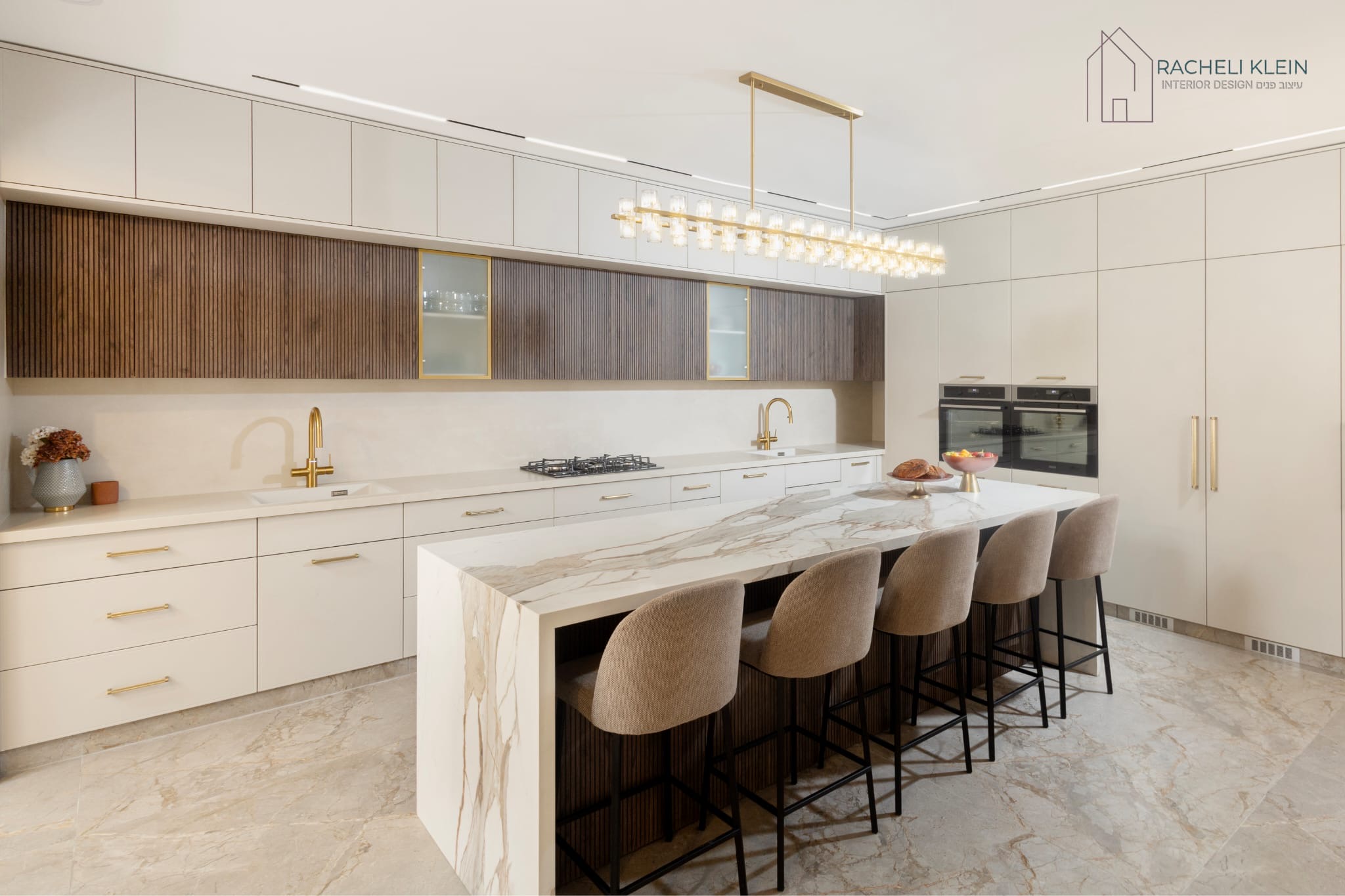 Kitchen island with seating and glass chandelier