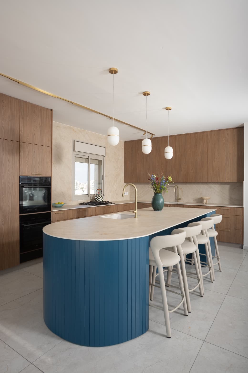 Kitchen with blue island
