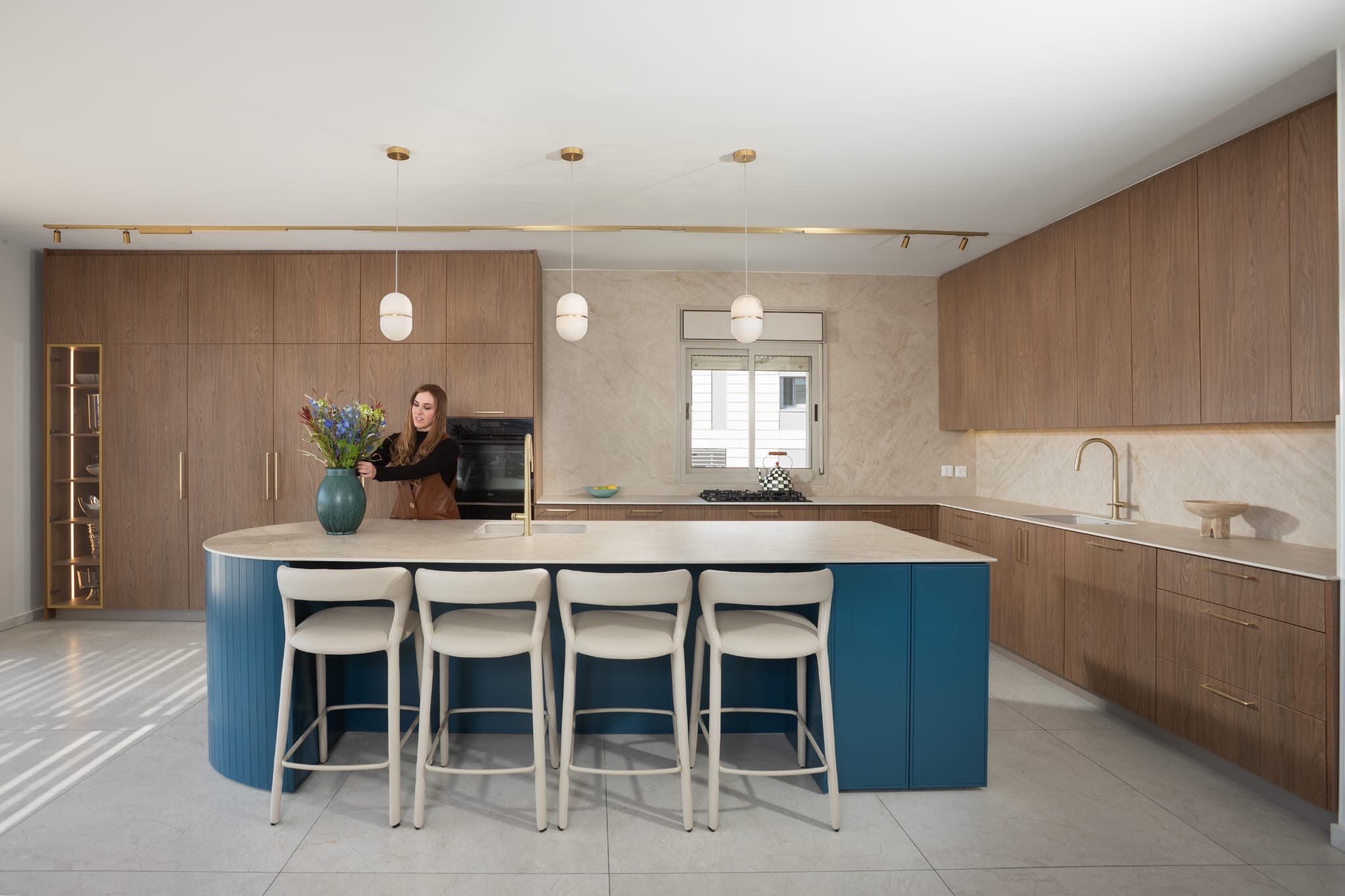 Kitchen with blue island