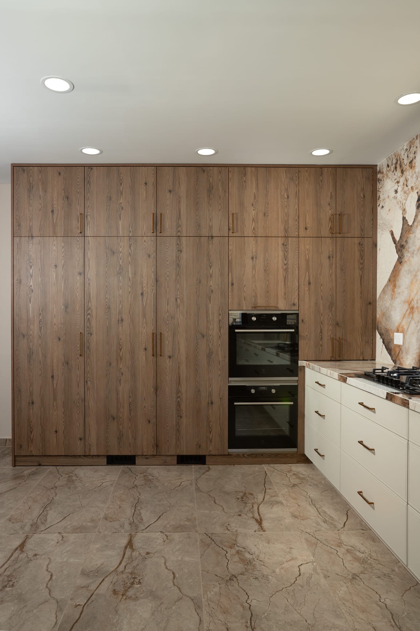 Kitchen wall with built-in appliances and wooden cabinets