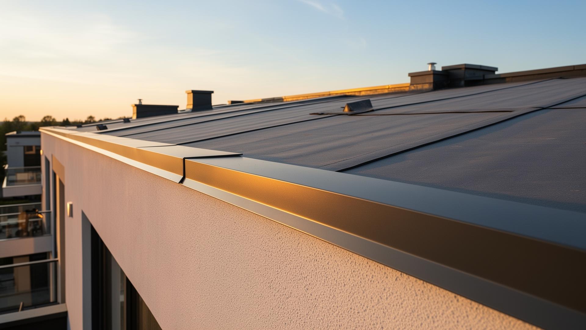 Modern flat roof with clean edge trim at golden hour in Essex
