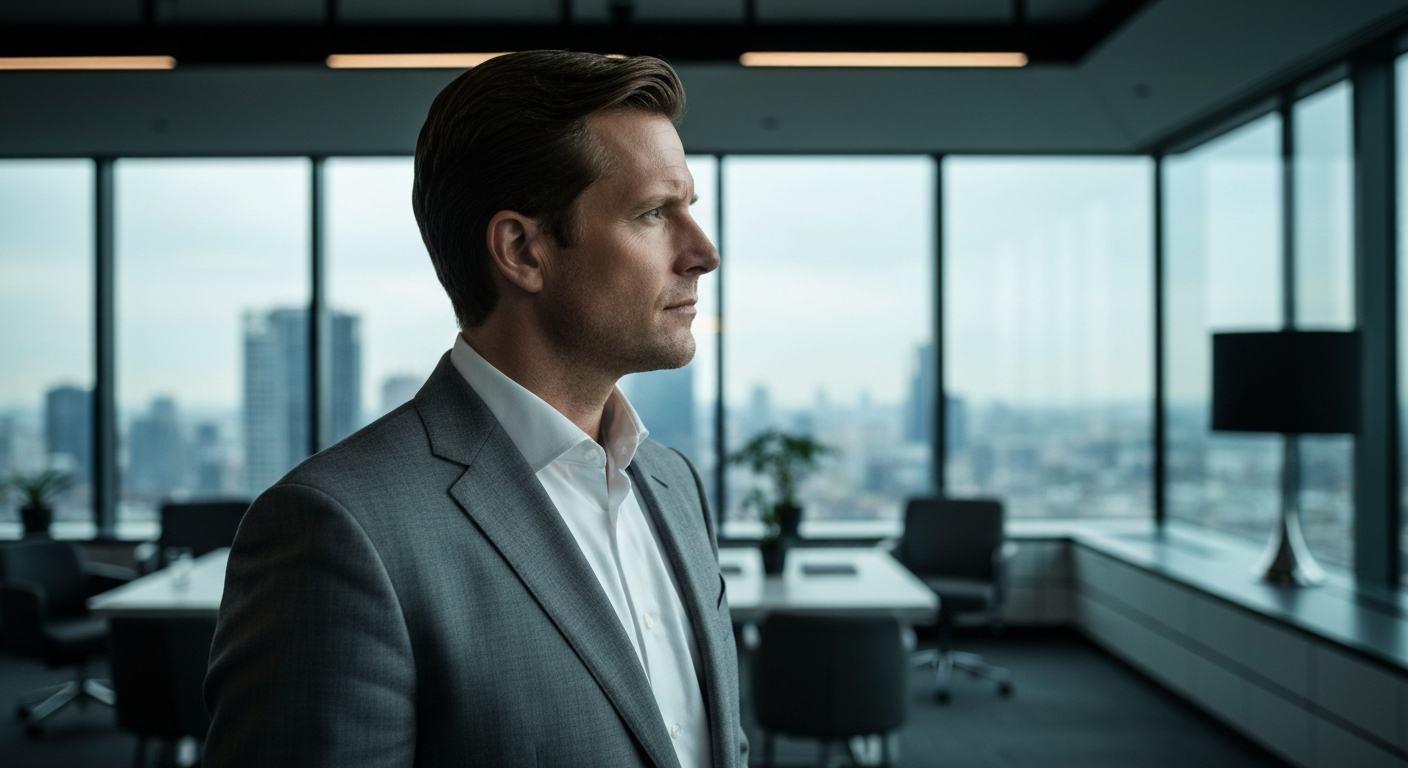 A professional man looking thoughtfully out the window