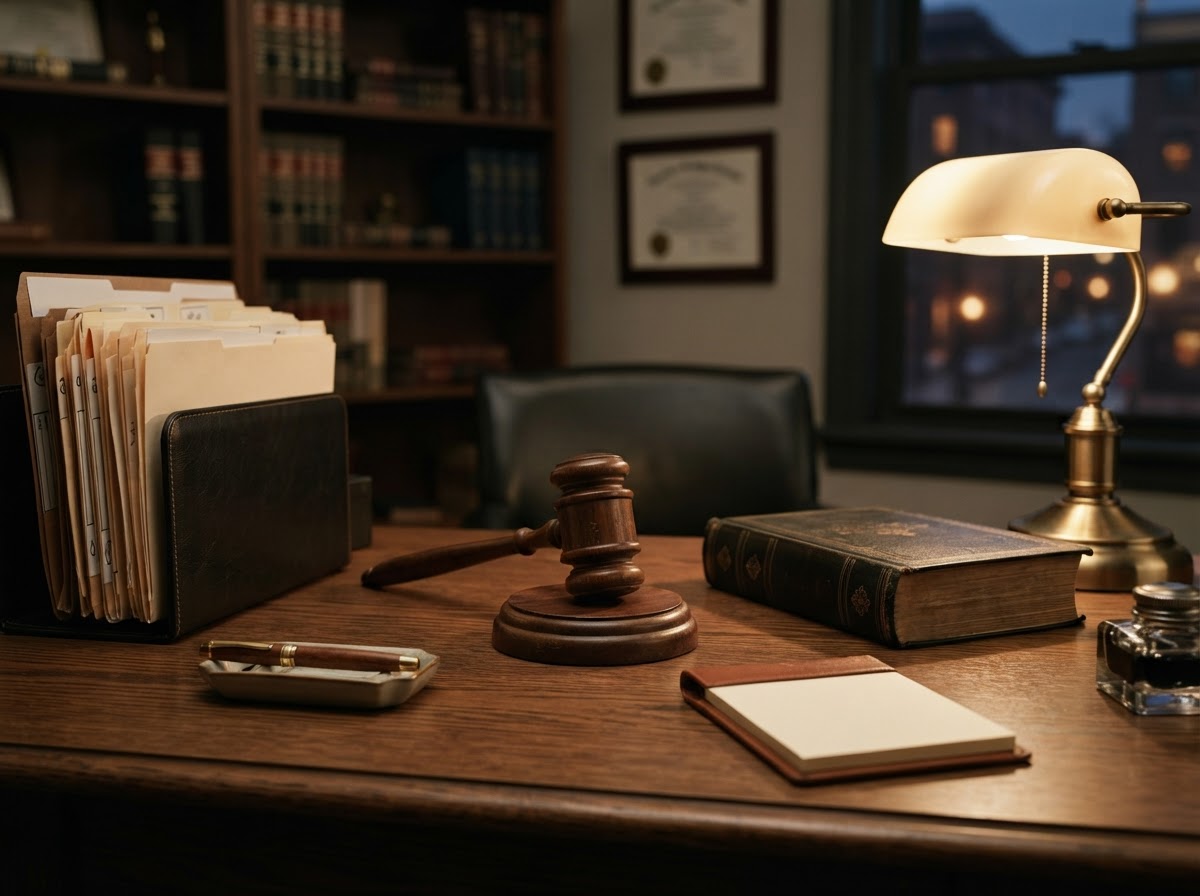 Legal desk with case files, gavel, and law book