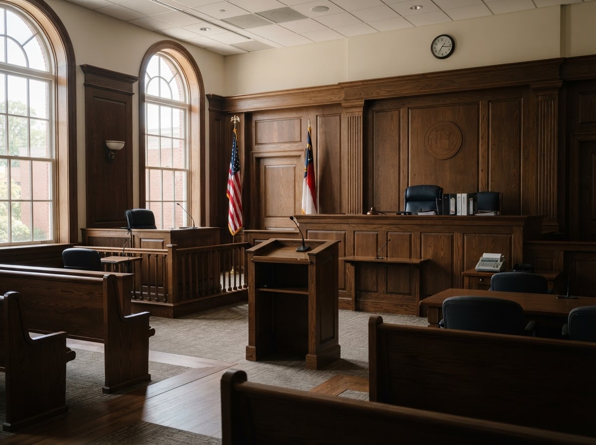 Empty courtroom with judge's bench and natural lighting