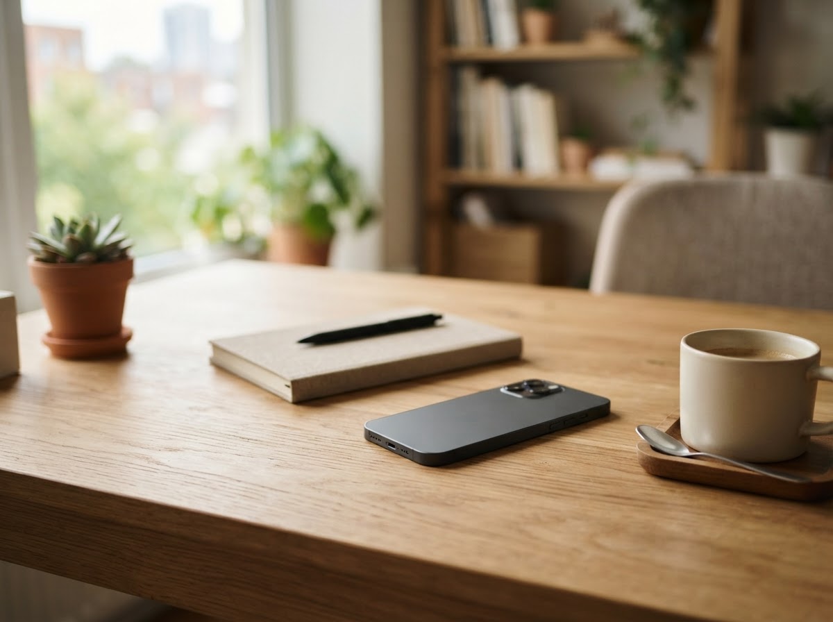 A phone resting face down on a desk, representing incoming contact