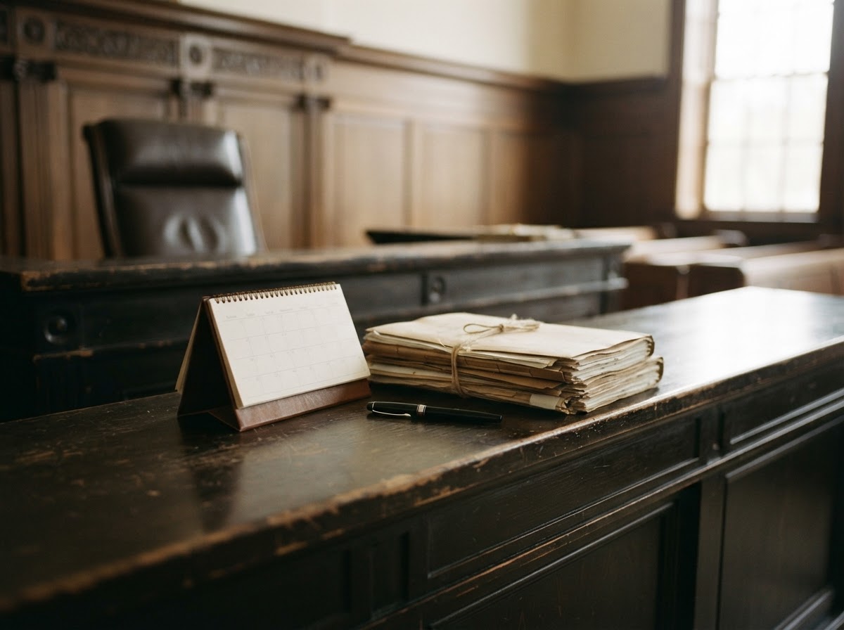 Courtroom bench with calendar and legal documents for confirming court dates